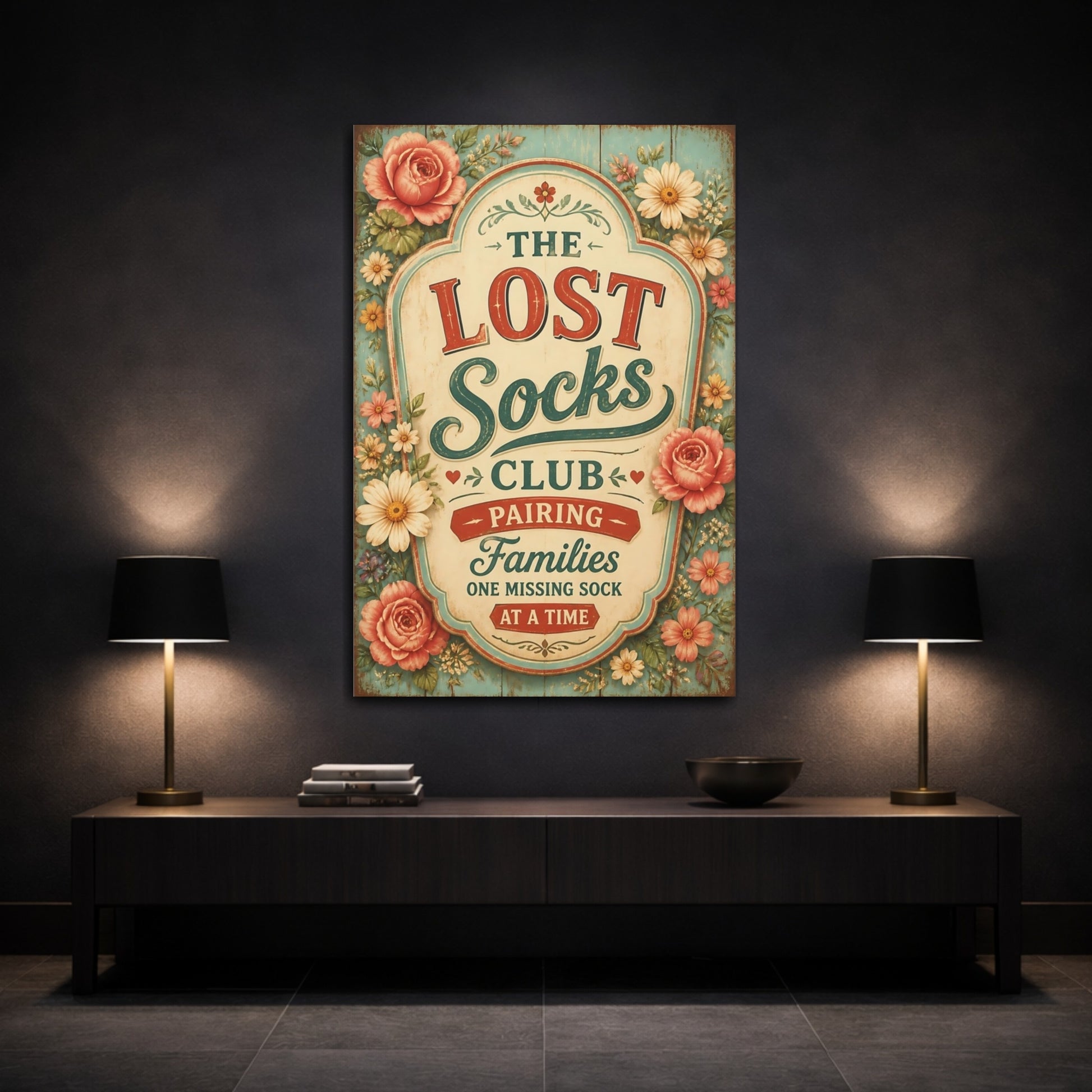 Mockup 3. Lost Socks Quote Sign shown as canvas print