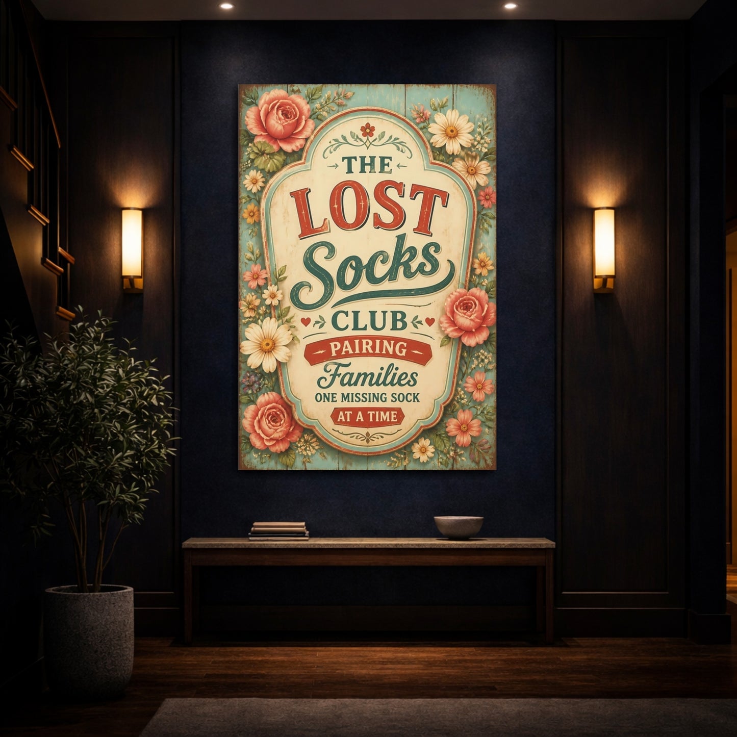 Mockup 4. Lost Socks Quote Sign shown as canvas print