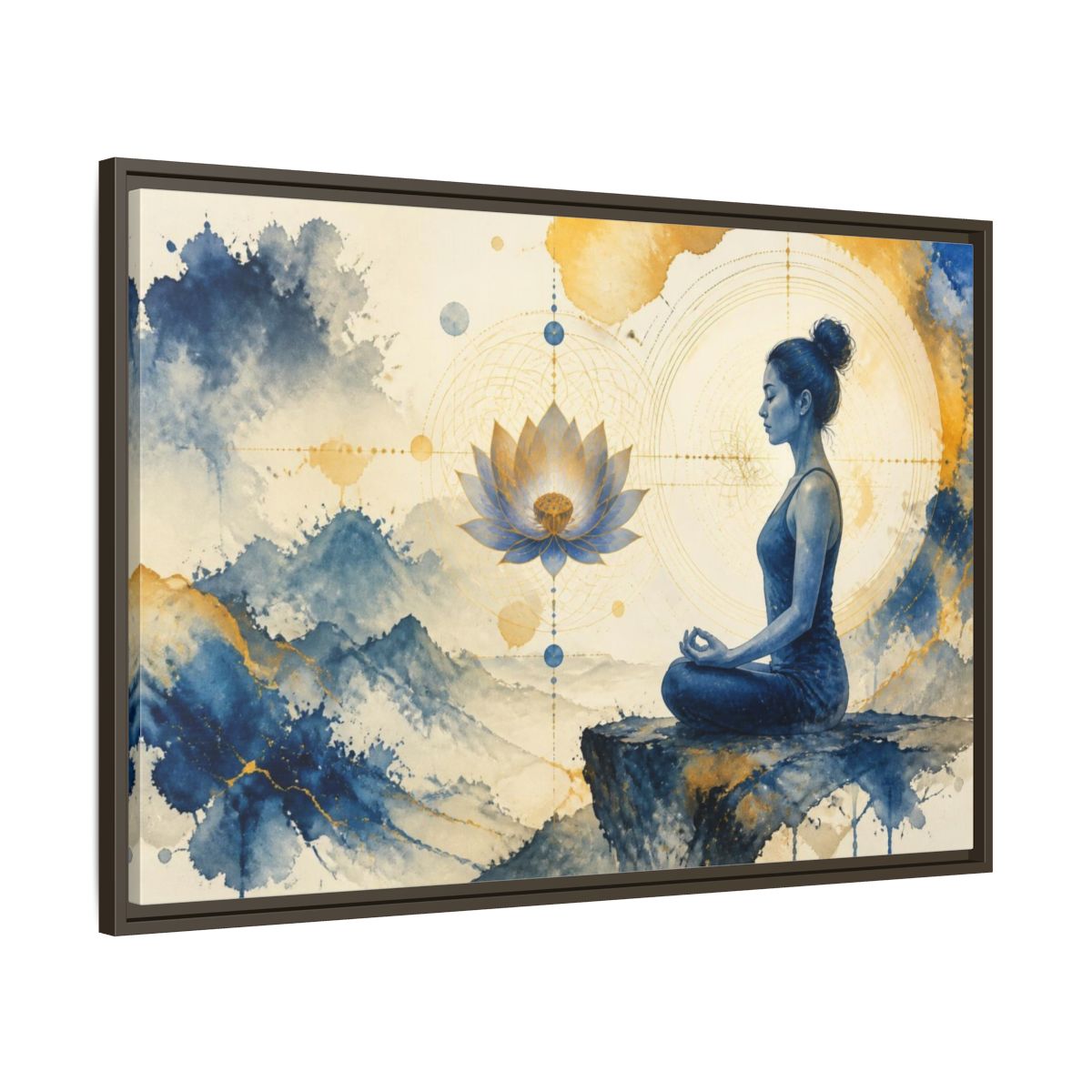 Main Mockup. Lotus Yoga Meditation shown as framed canvas print