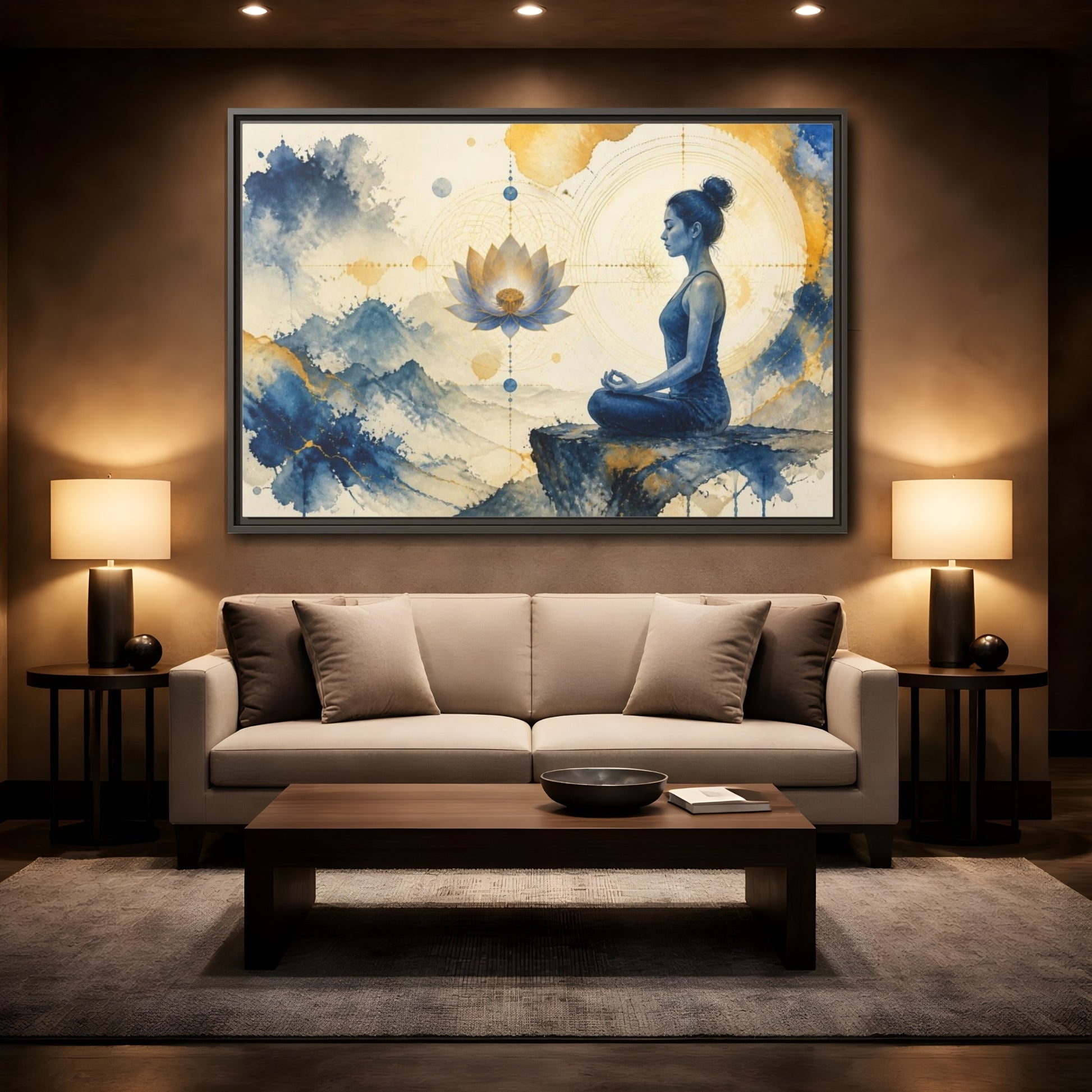 Mockup 2. Lotus Yoga Meditation shown as framed canvas print