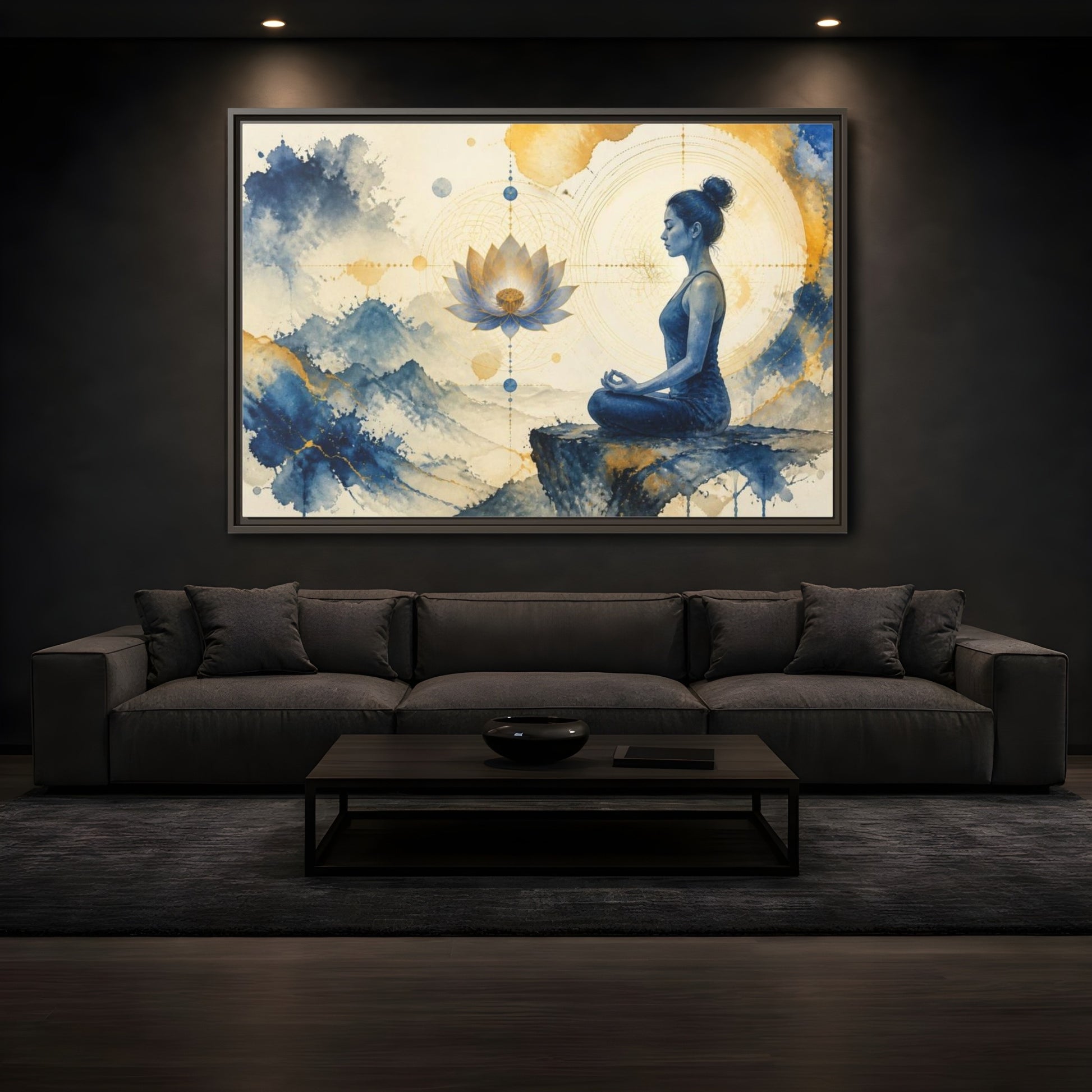 Mockup 3. Lotus Yoga Meditation shown as framed canvas print