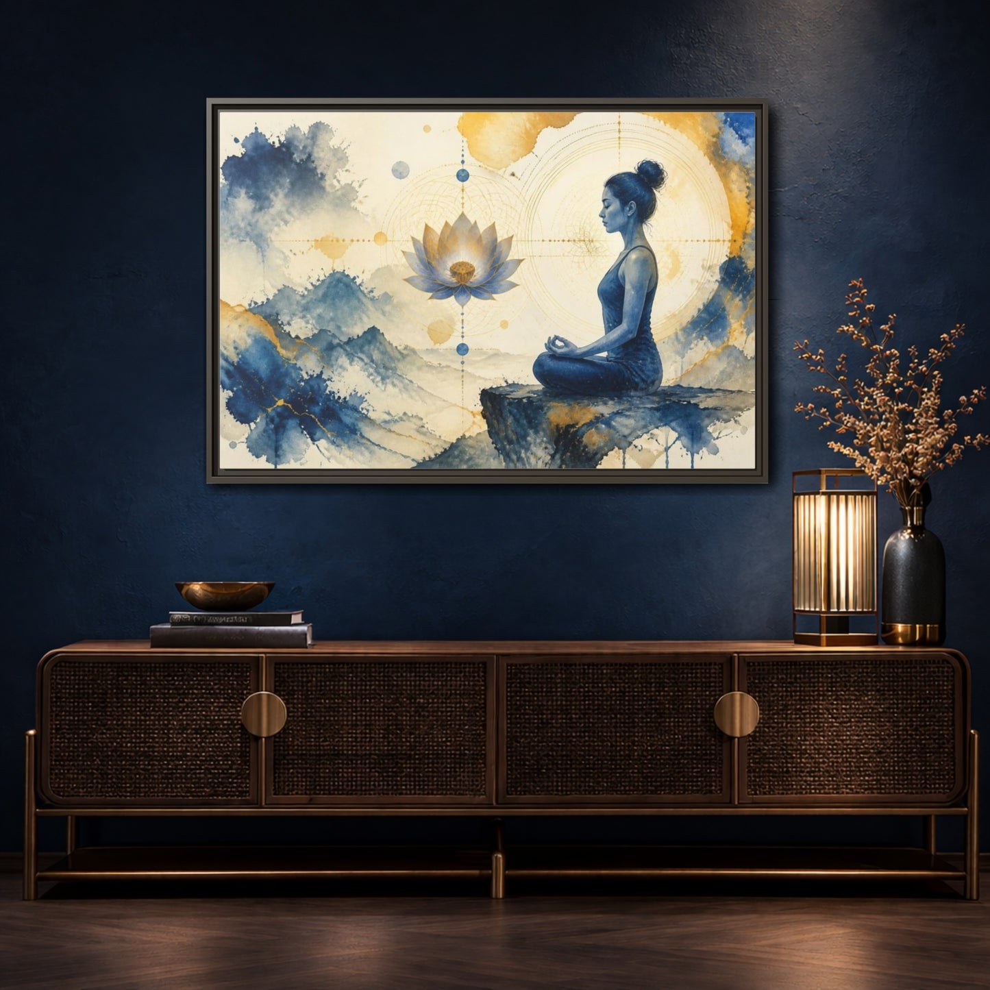 Mockup 4. Lotus Yoga Meditation shown as framed canvas print