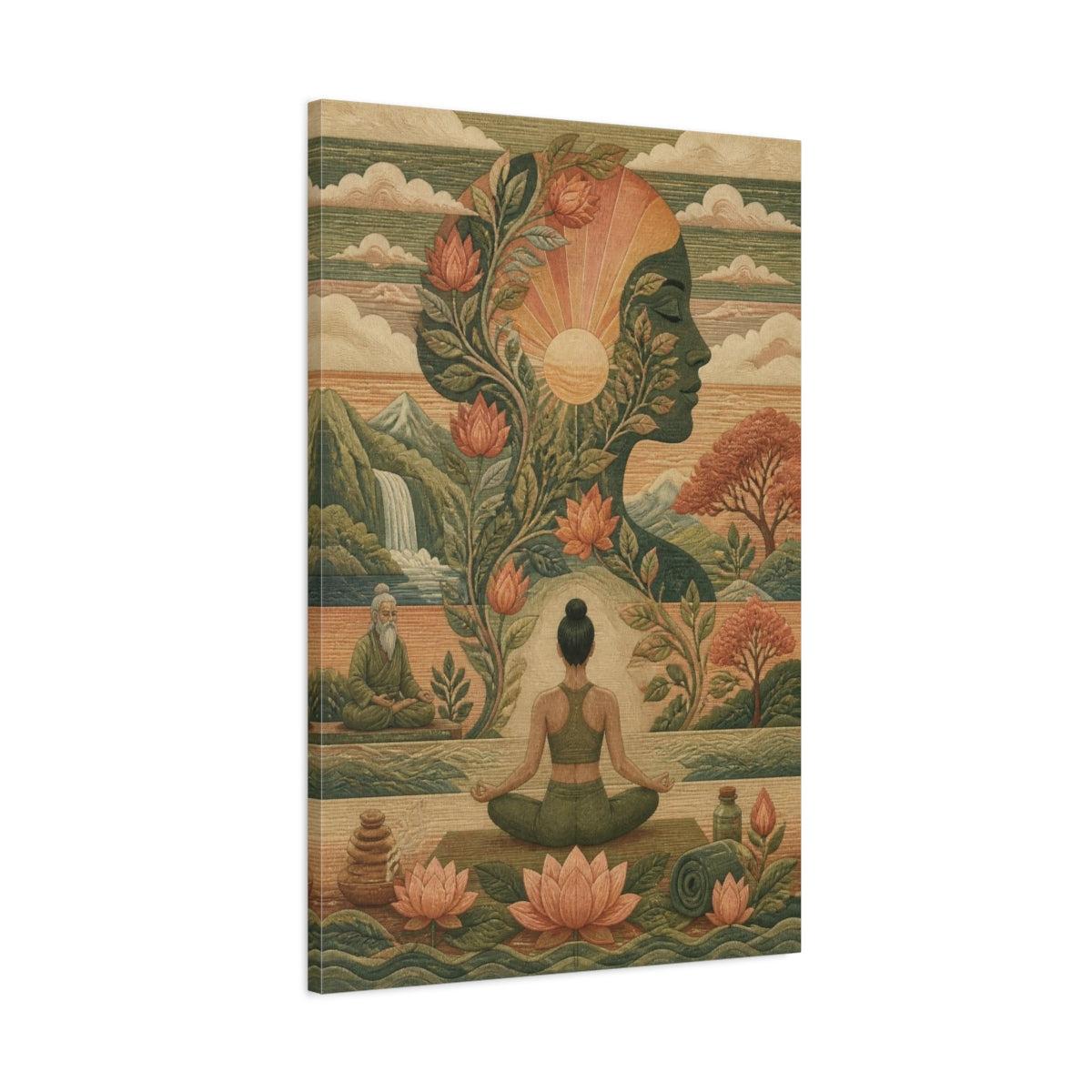 Main Mockup. Lotus Yoga Silhouette shown as canvas print