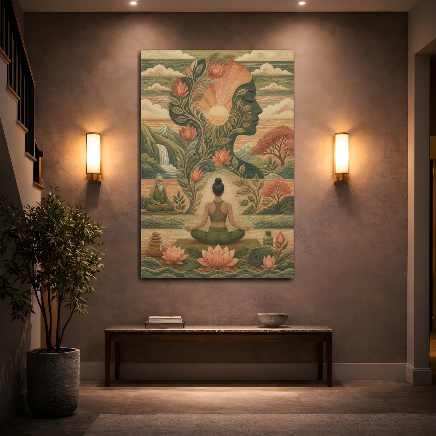 Mockup 2. Lotus Yoga Silhouette shown as canvas print