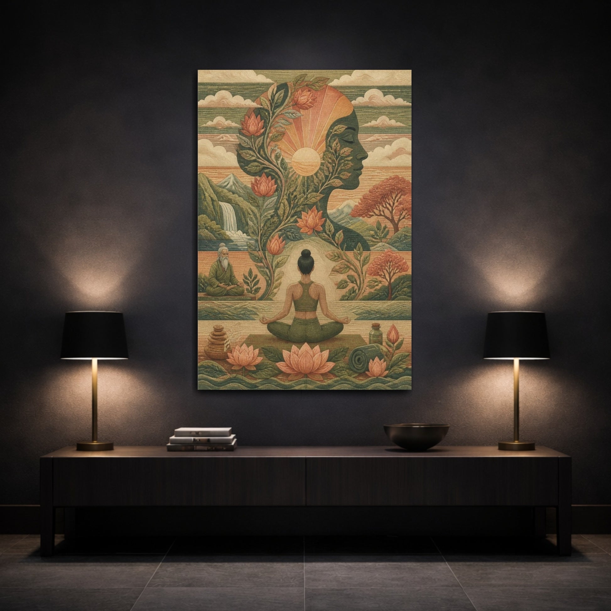 Mockup 3. Lotus Yoga Silhouette shown as canvas print