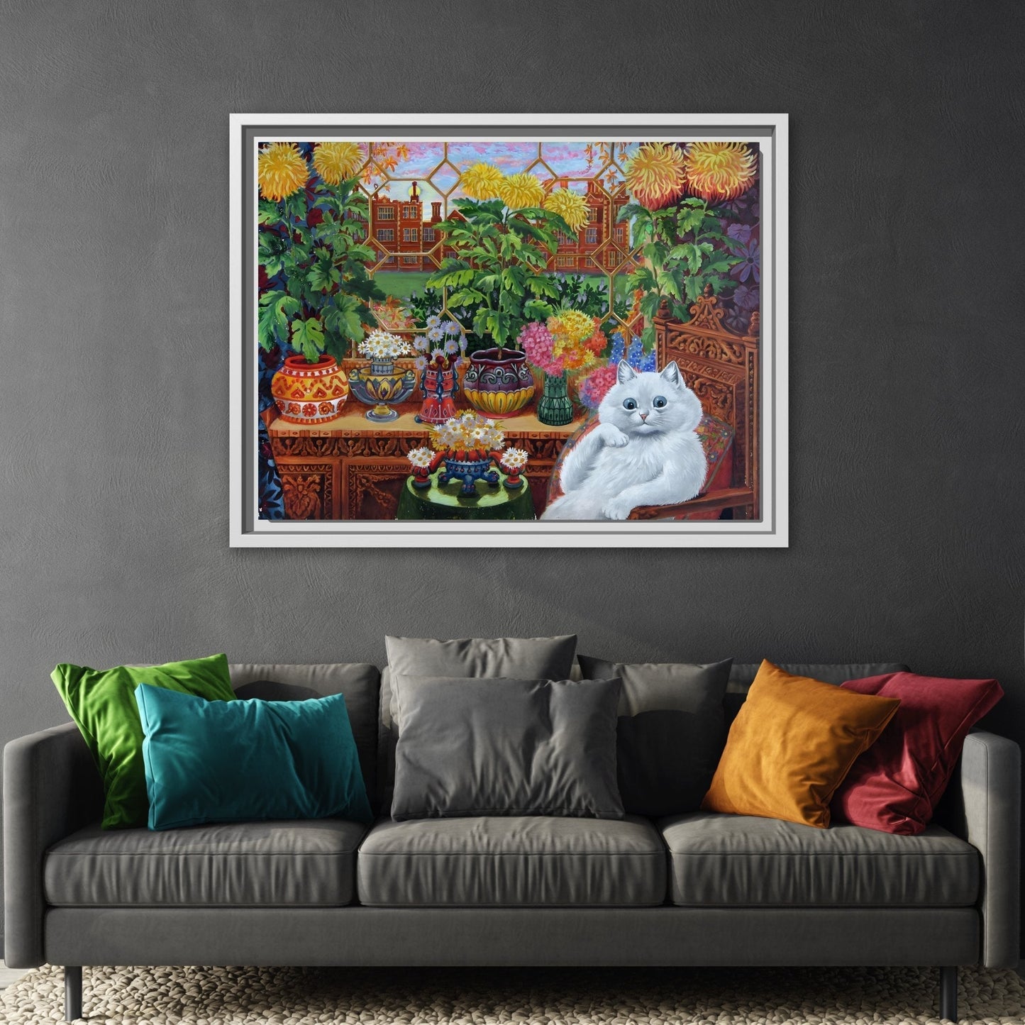 Louis Wain Cat Garden Canvas Print - Colorful Animal Wall Art in Frame