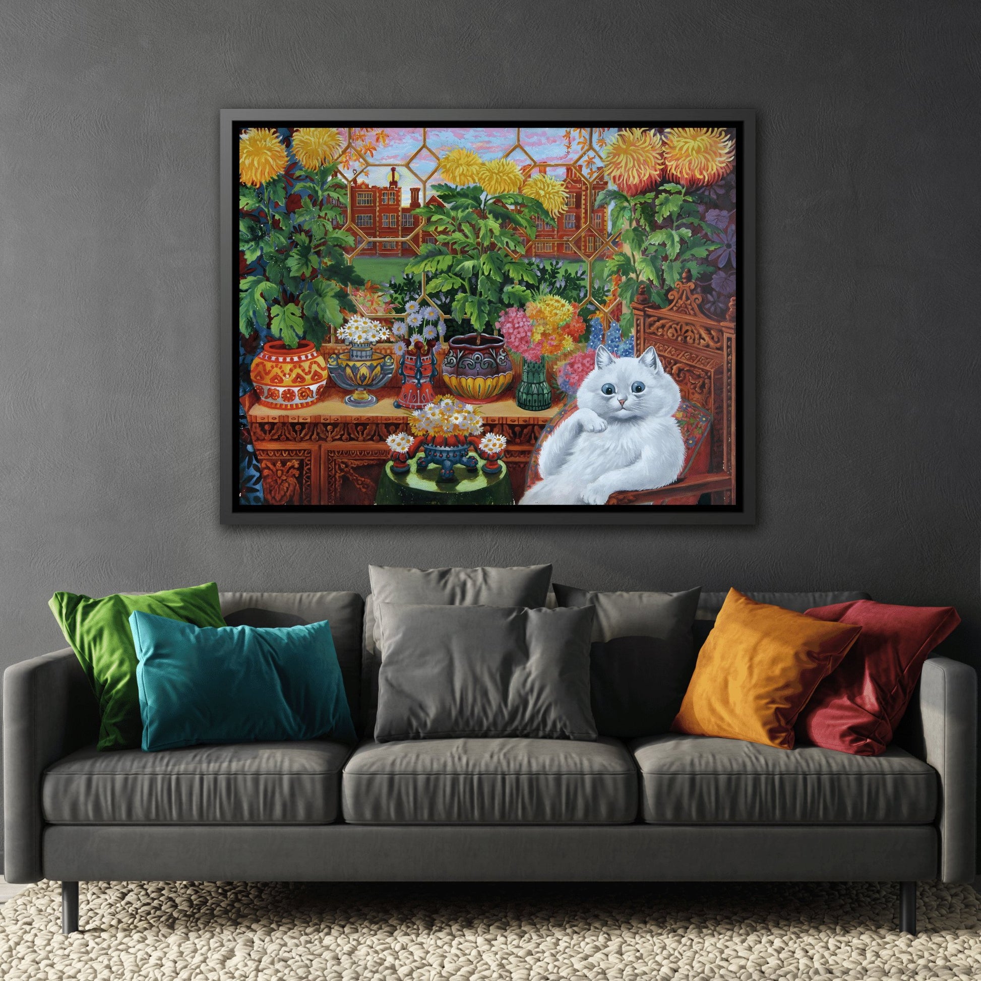 Louis Wain Cat in the Garden - Framed Cats Canvas Wall Art Reproduction