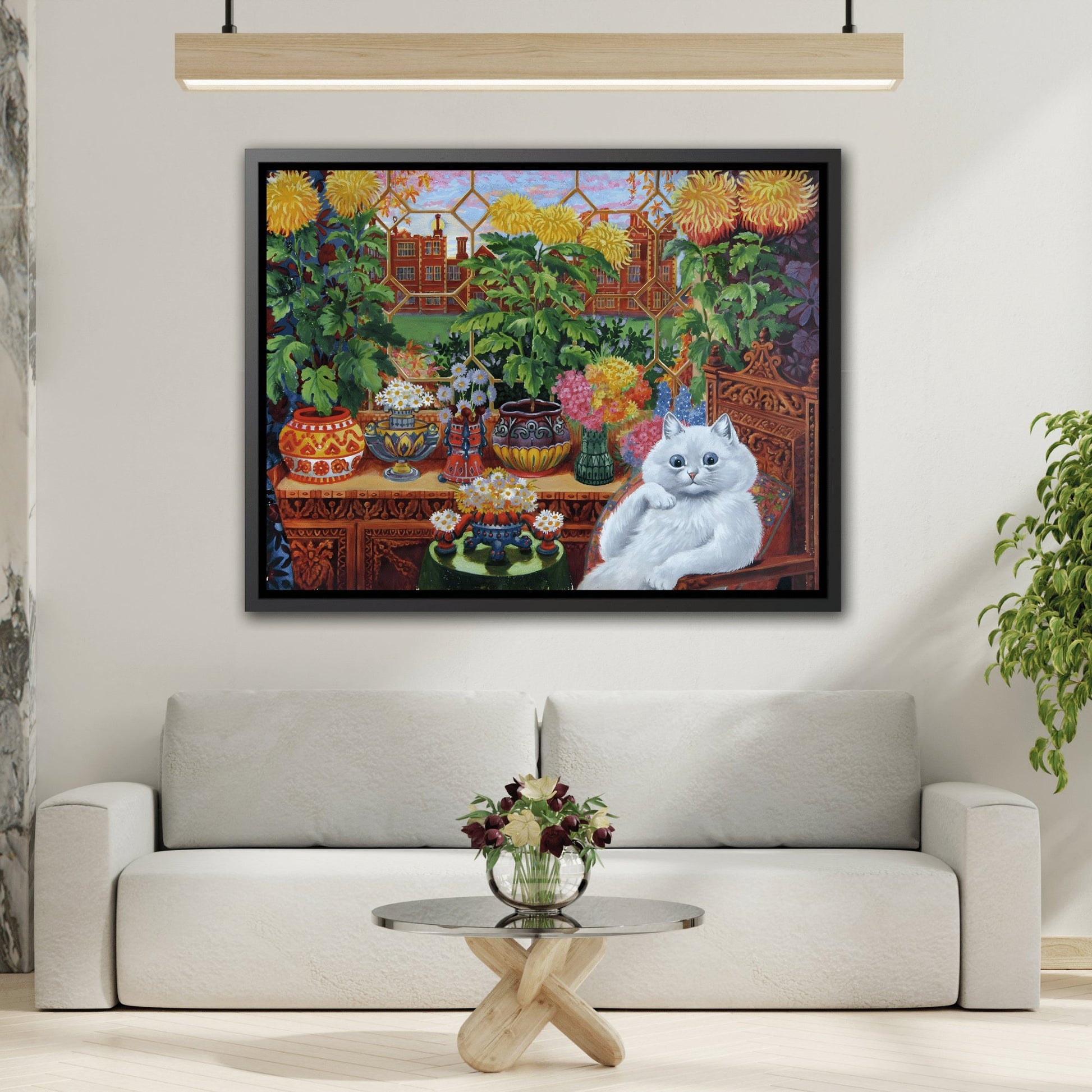 Louis Wain Cat in the Garden - Framed Cats Canvas Wall Art Reproduction