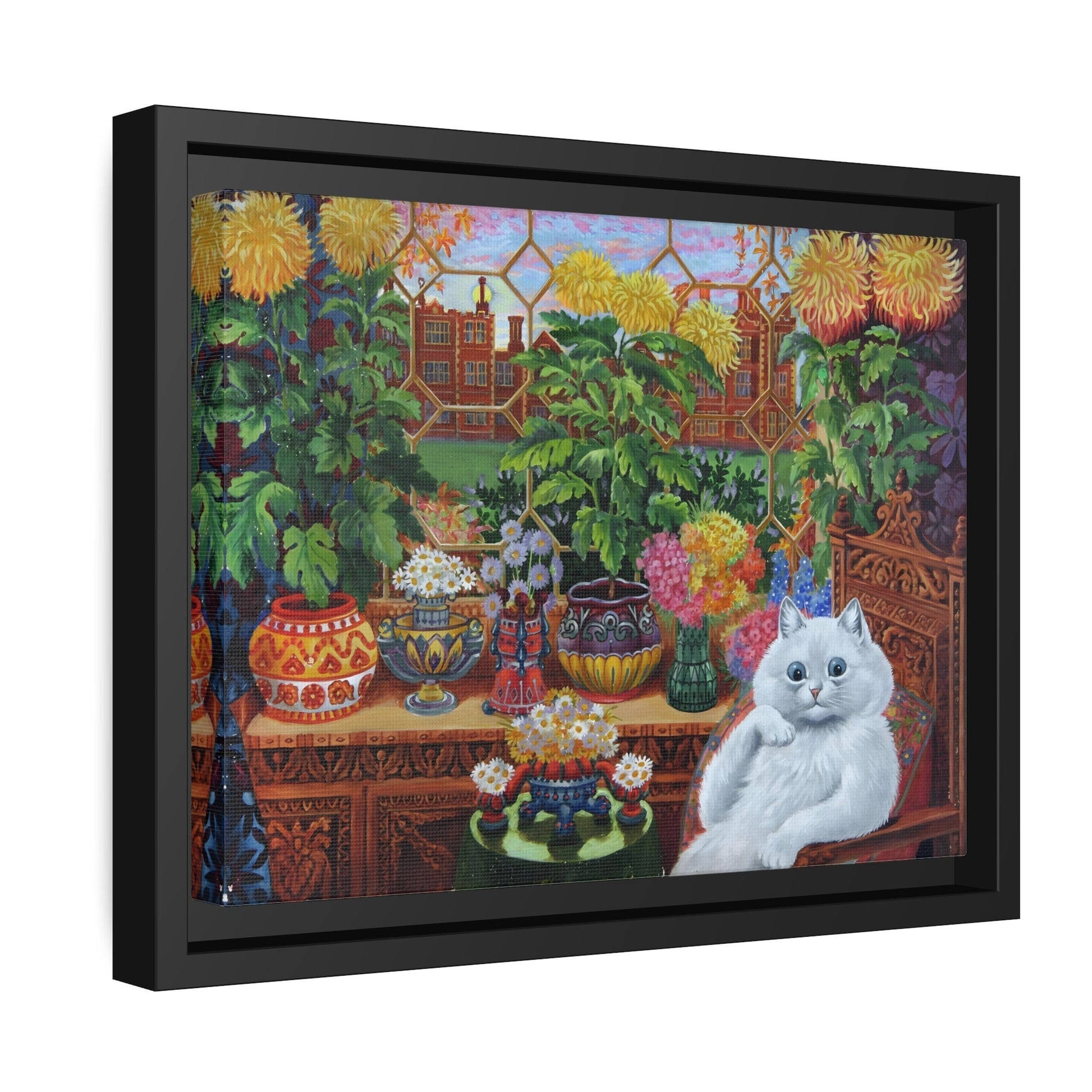 Louis Wain Cat in the Garden - Framed Cats Canvas Wall Art Reproduction