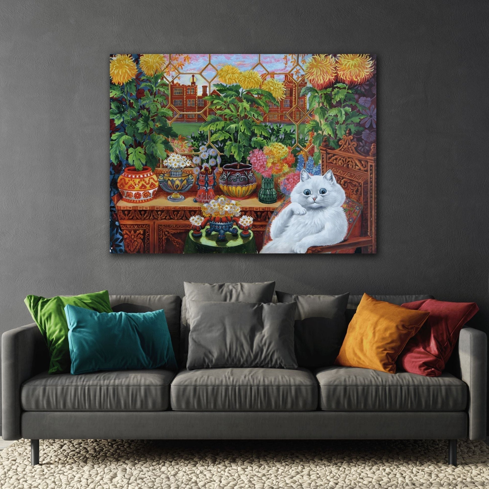 Louis Wain Cat in the Garden Room Canvas Print - Colorful Cats Wall Art