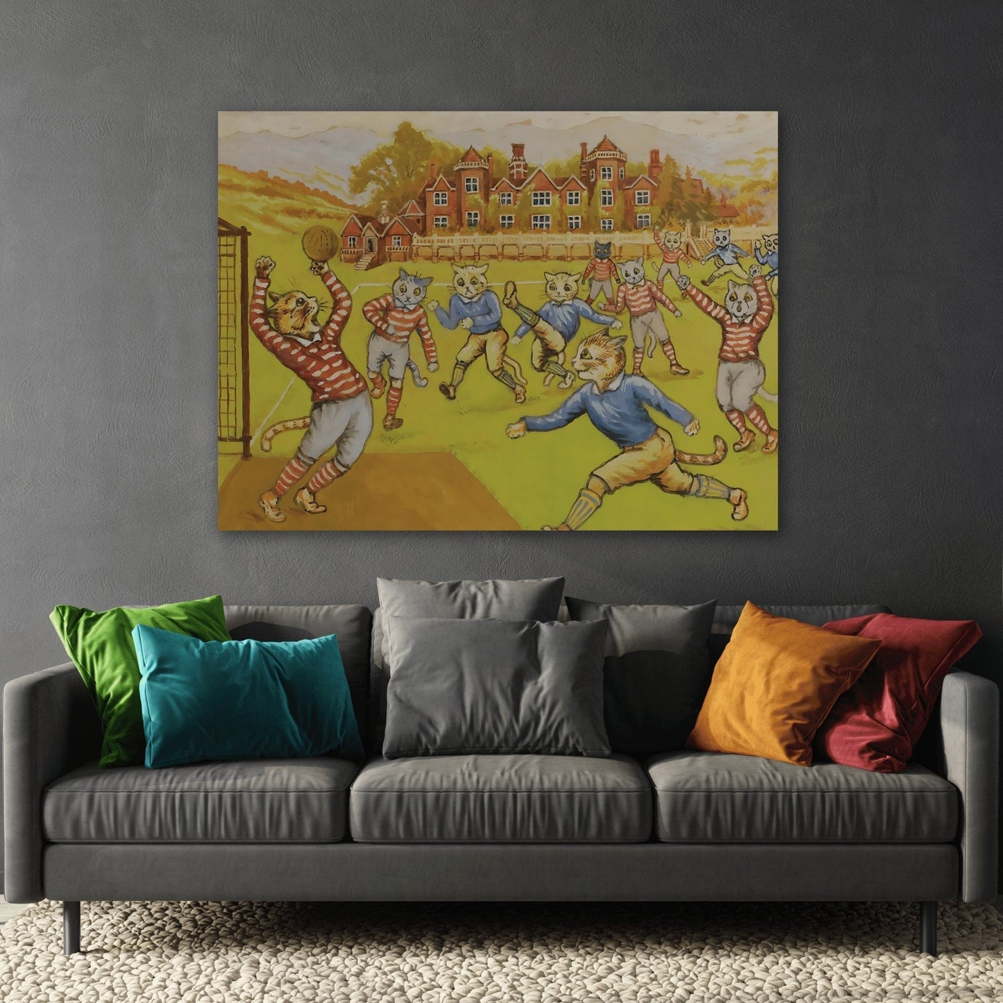 Louis Wain Cats Playing Football - Funny Animal Canvas Wall Art Print