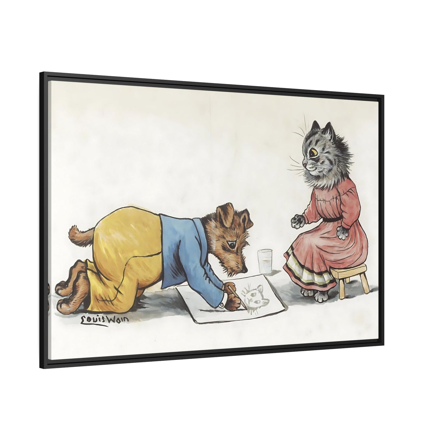 Louis Wain Master Portrait Painter - Framed Funny Cats Canvas Wall Art Print in Black Pinewood Frame