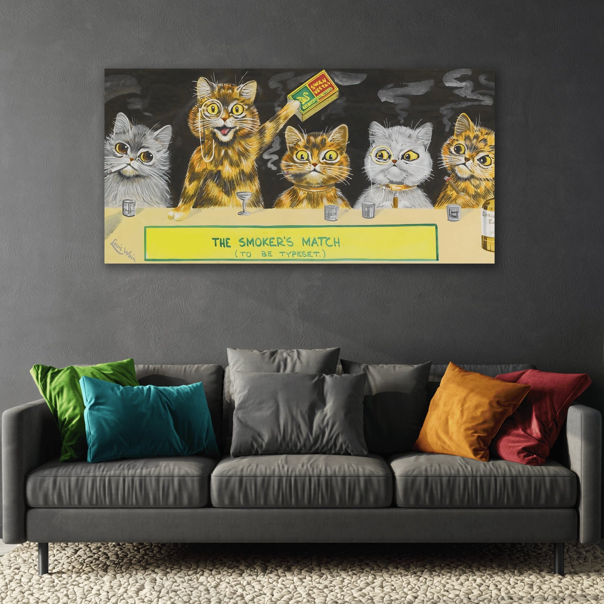 Louis Wain Smokers Match Animal Canvas Print - Funny Cats Wall Art Prints for Bedroom