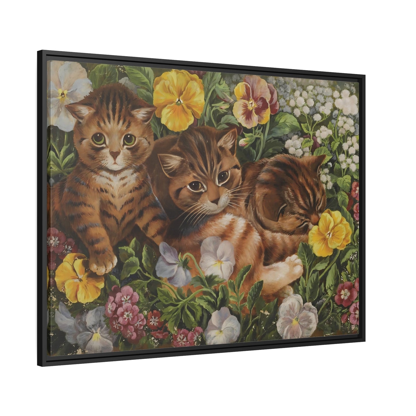 Louis Wain Three Kittens in a Flower Bed - Cats Canvas Wall Art Print in Black Frame