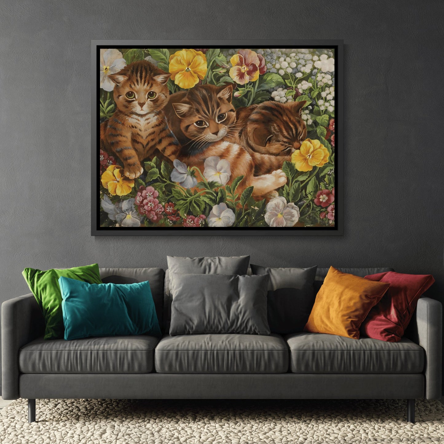 Louis Wain Three Kittens in a Flower Bed - Cats Canvas Wall Art Print in Black Frame