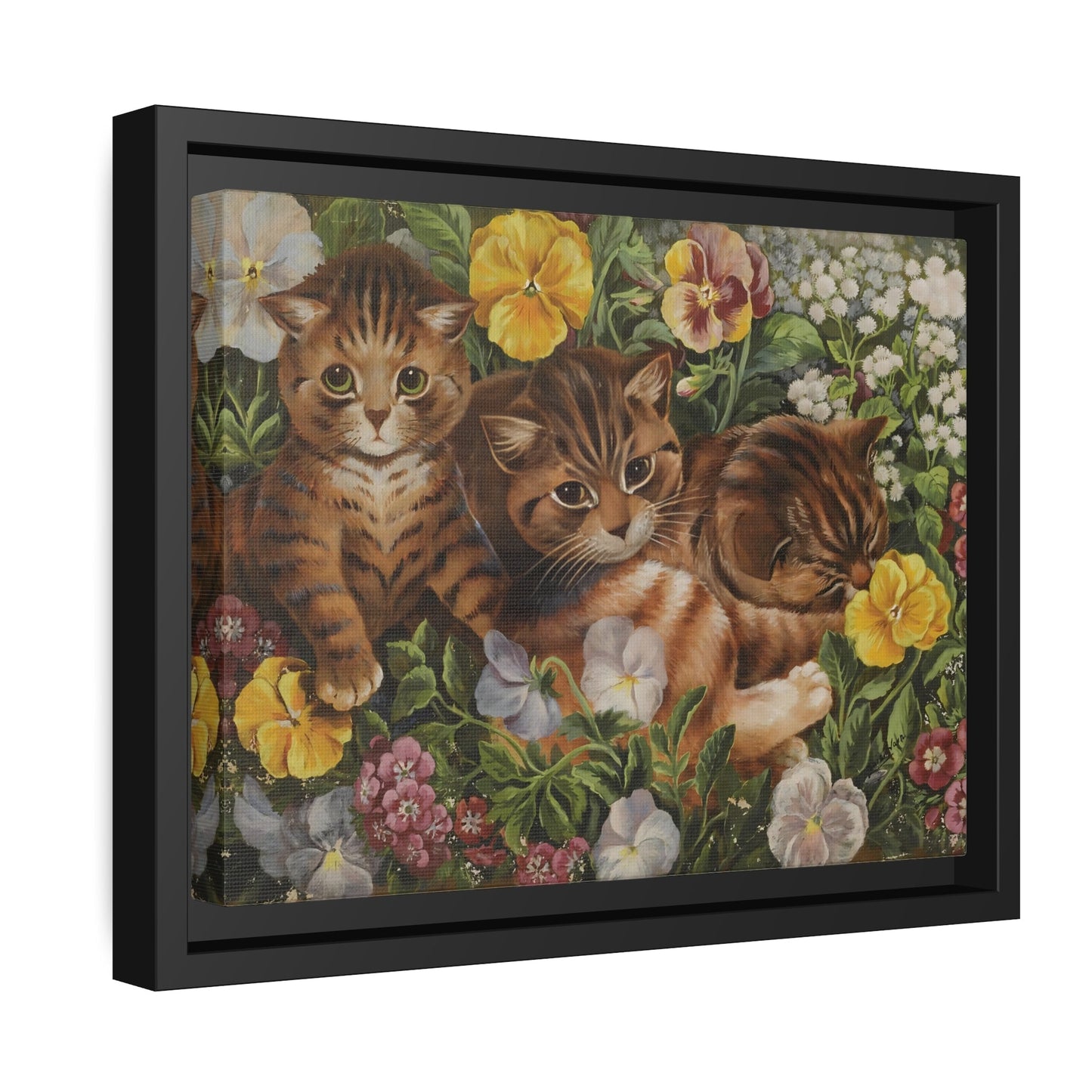 Louis Wain Three Kittens in a Flower Bed - Cats Canvas Wall Art Print in Black Frame