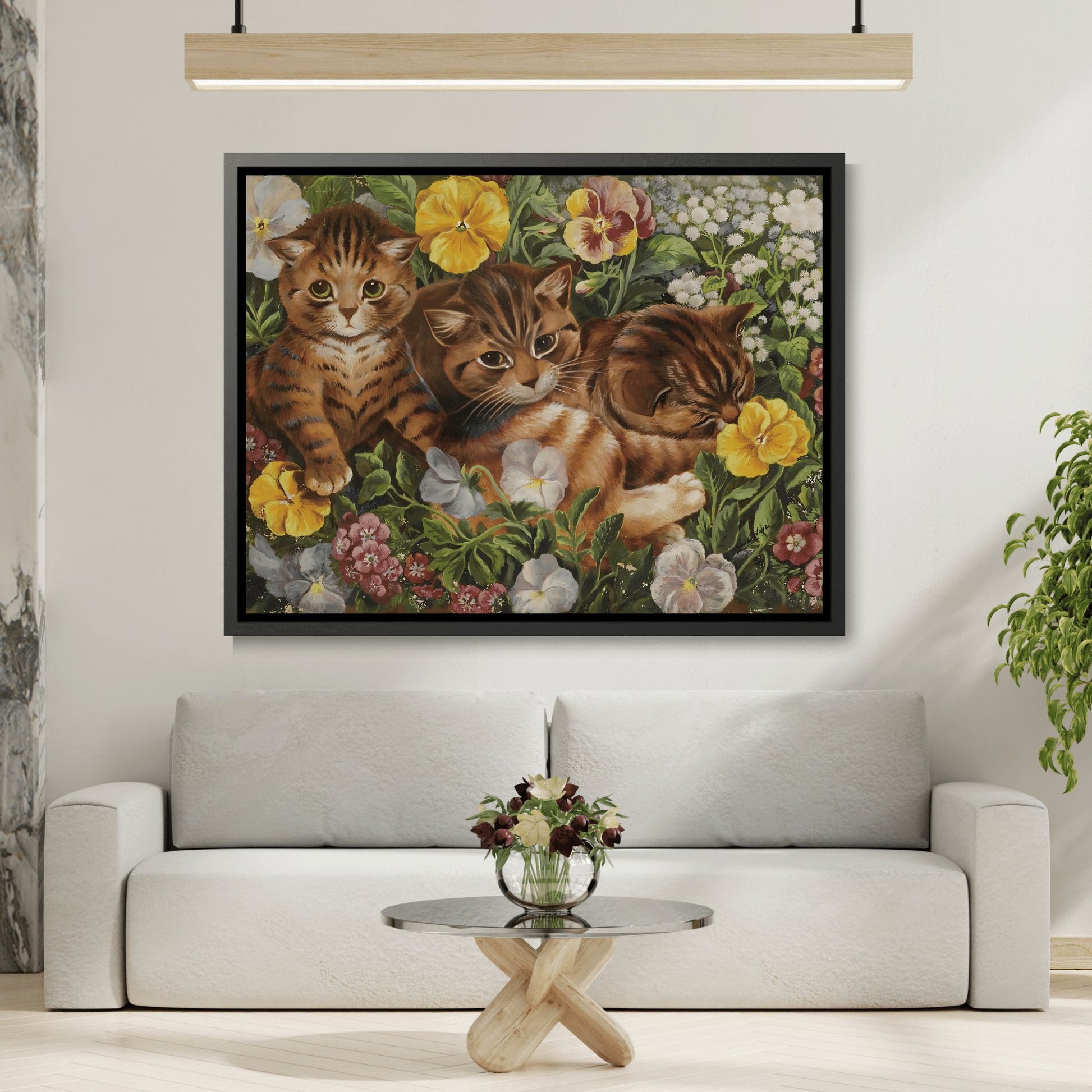 Louis Wain Three Kittens in a Flower Bed - Cats Canvas Wall Art Print in Black Frame