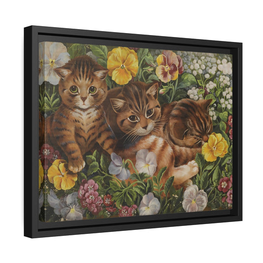 Louis Wain Three Kittens in a Flower Bed - Cats Canvas Wall Art Print in Black Frame