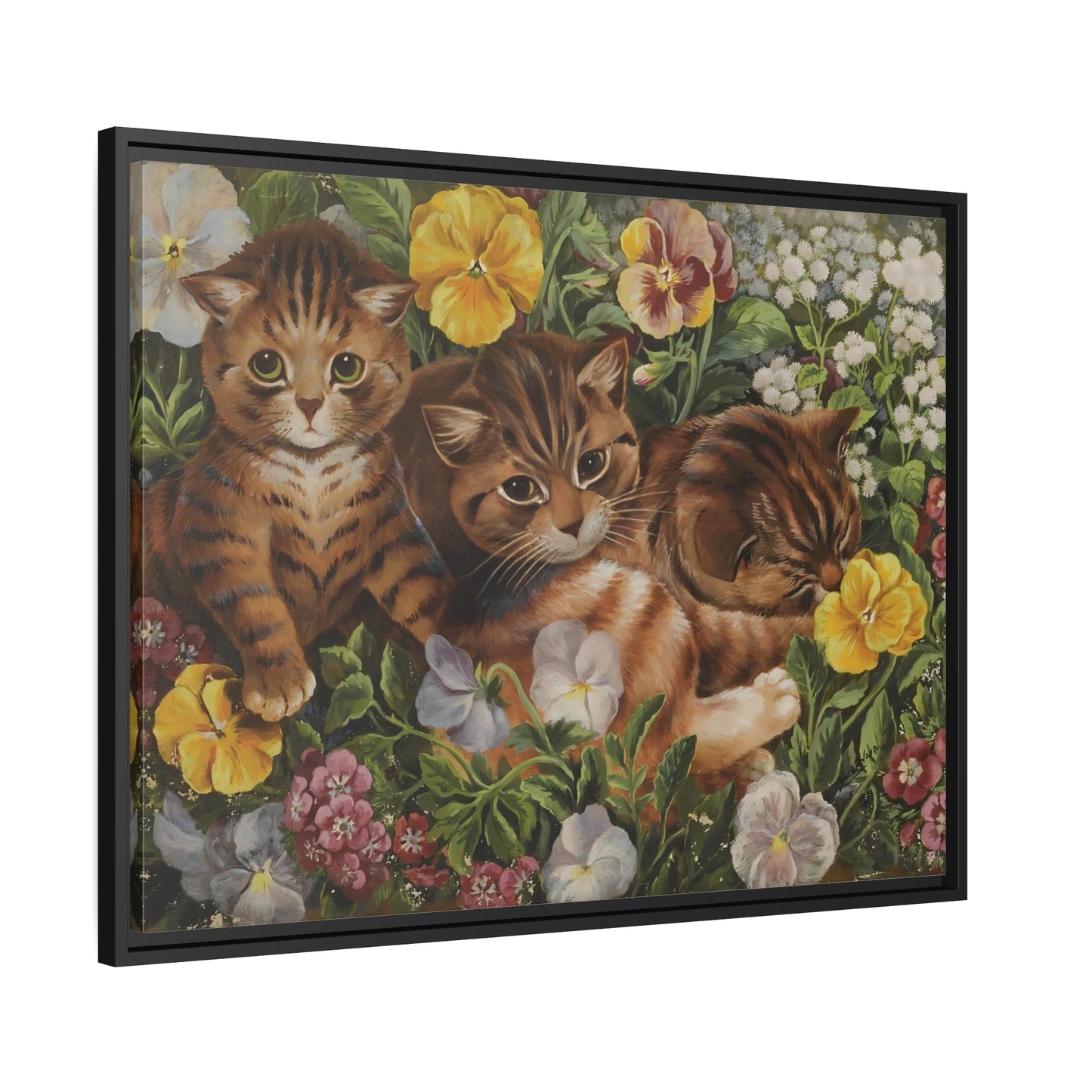 Louis Wain Three Kittens in a Flower Bed - Cats Canvas Wall Art Print in Black Frame