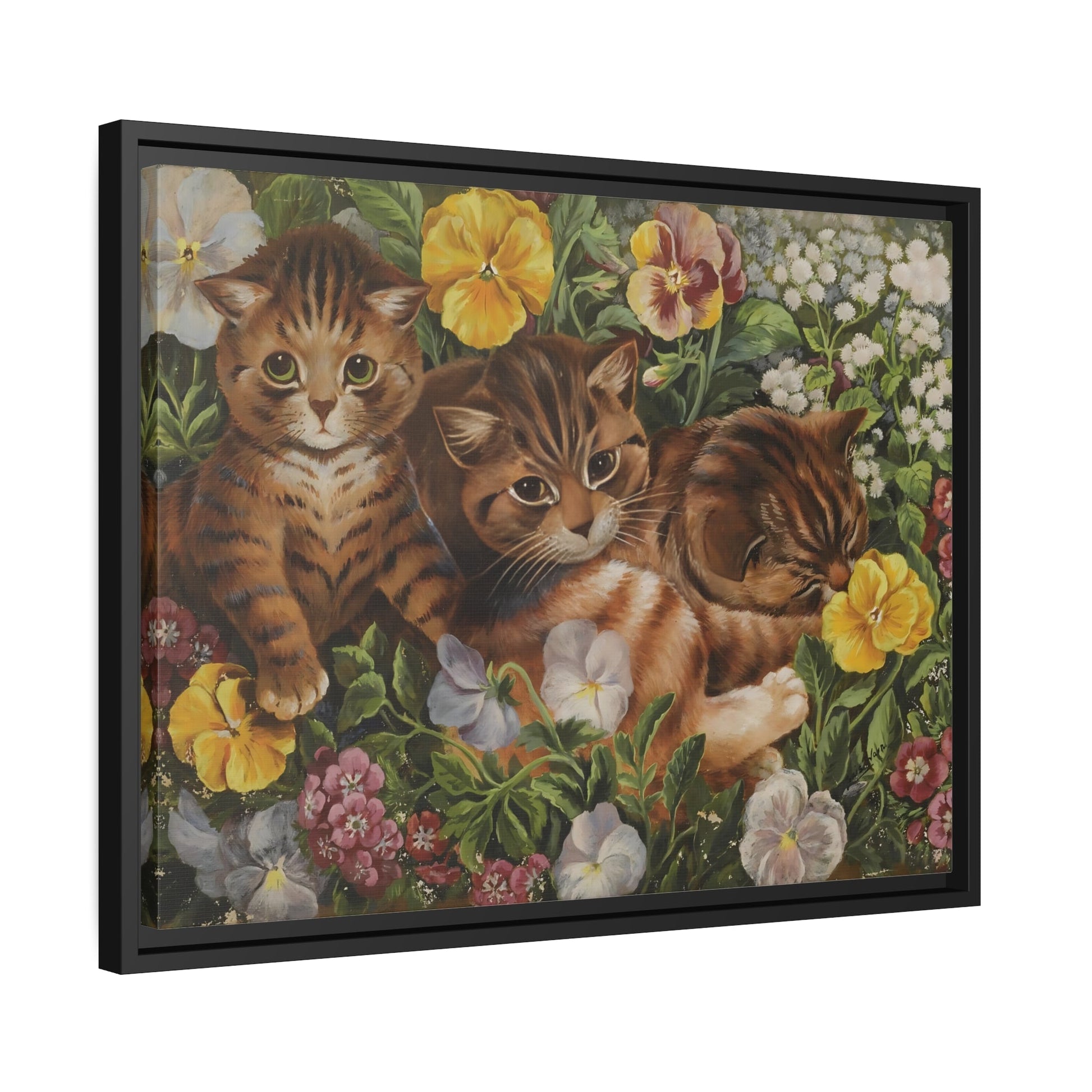 Louis Wain Three Kittens in a Flower Bed - Cats Canvas Wall Art Print in Black Frame