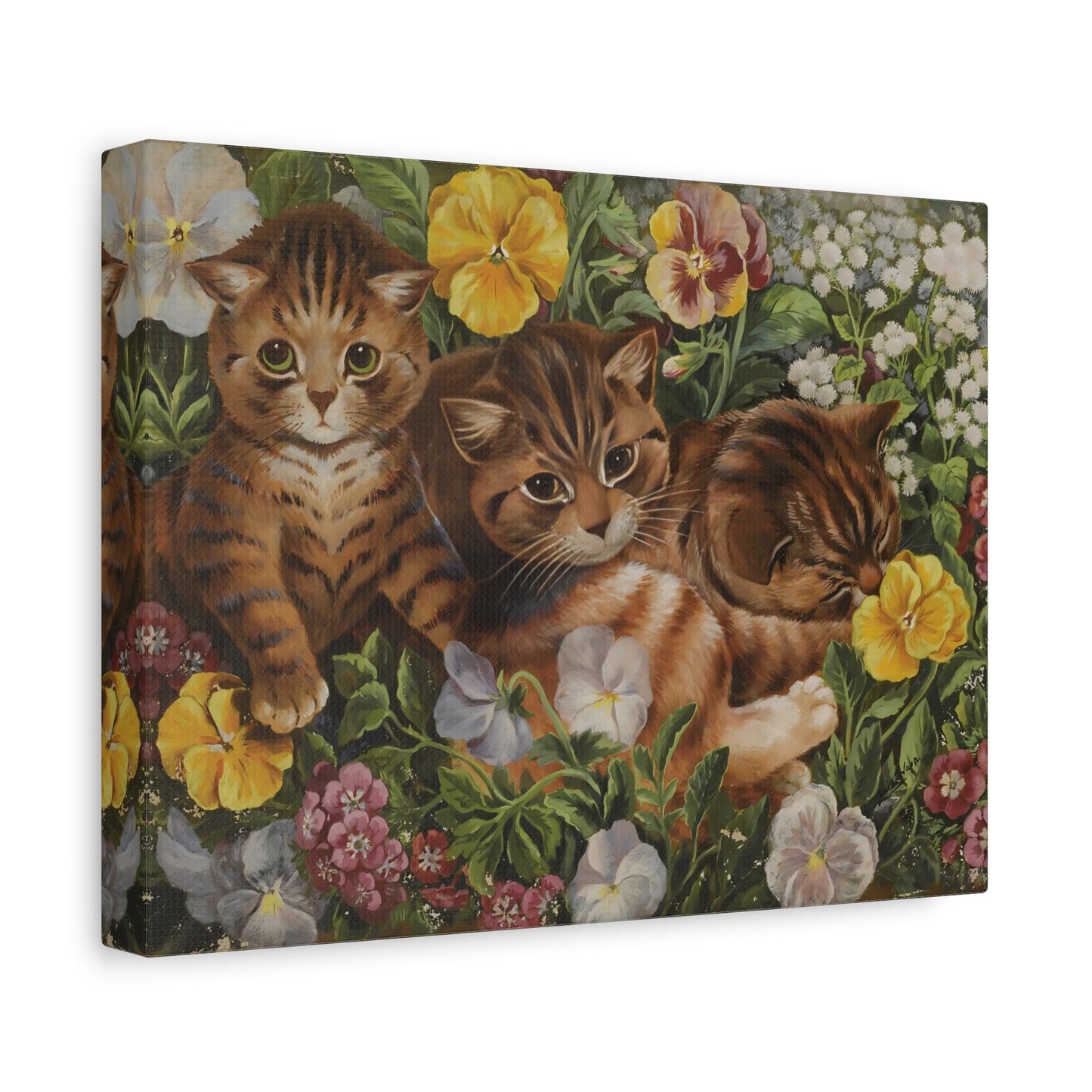 Louis Wain Three Kittens in a Flower Bed - Cats Canvas Wall Art Reproduction