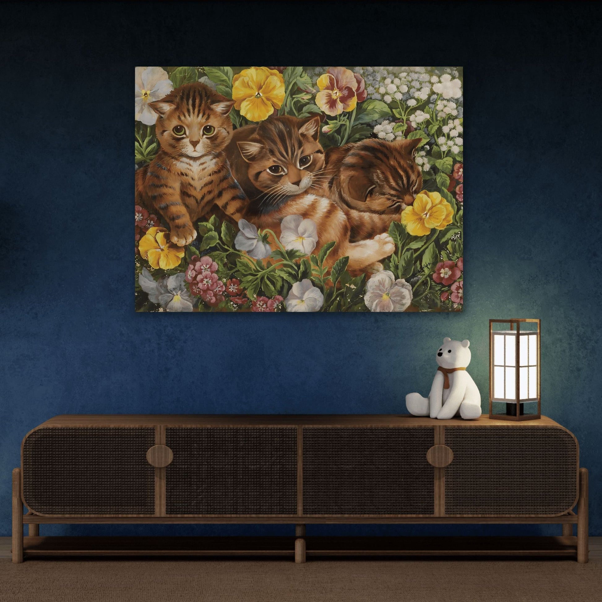 Louis Wain Three Kittens in a Flower Bed - Cats Canvas Wall Art Reproduction