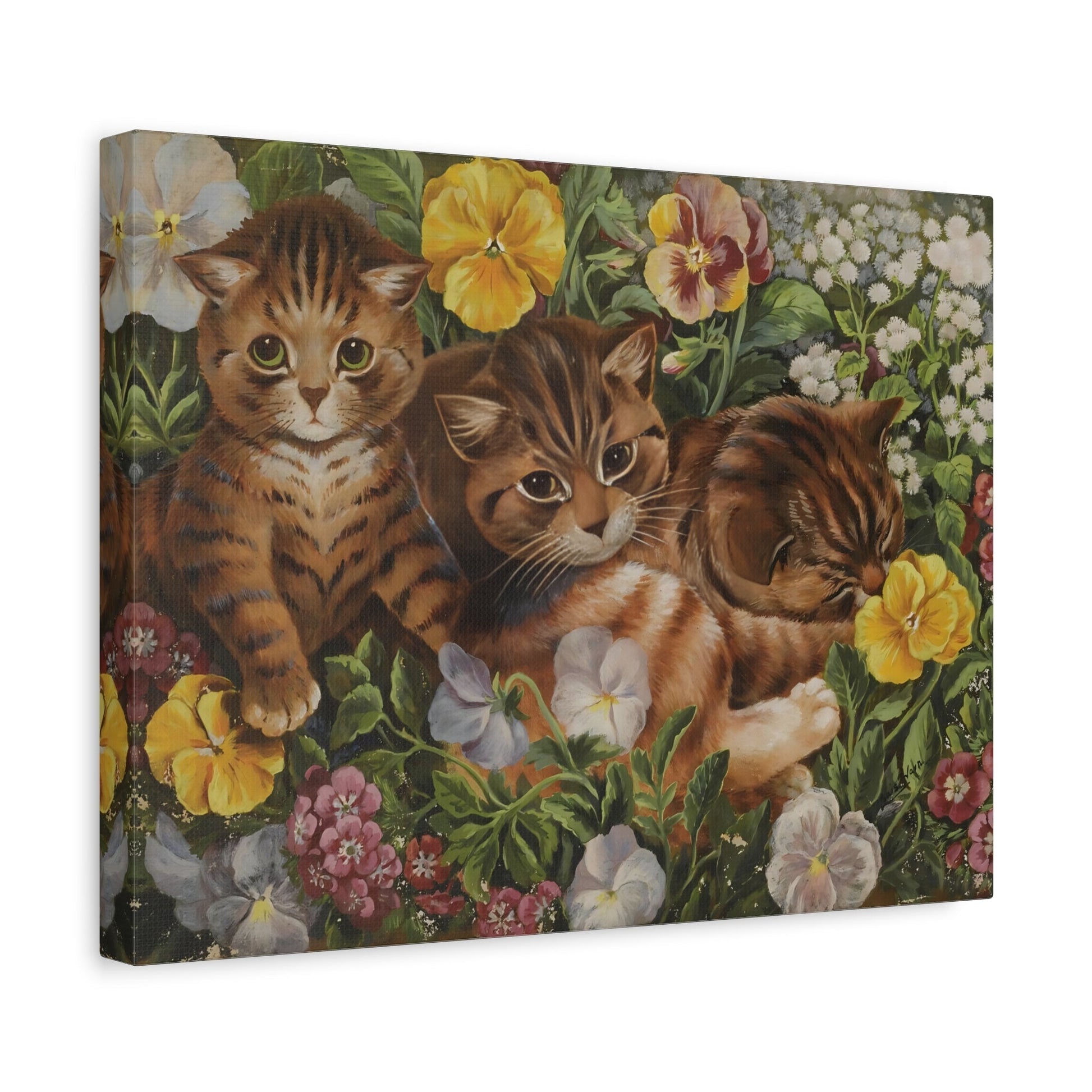 Louis Wain Three Kittens in a Flower Bed - Cats Canvas Wall Art Reproduction