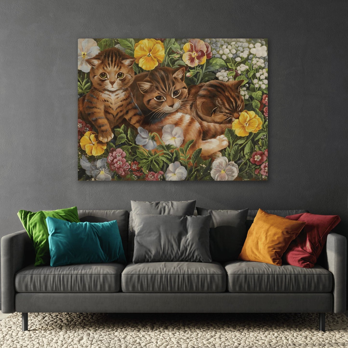 Louis Wain Three Kittens in a Flower Bed - Cats Canvas Wall Art Reproduction