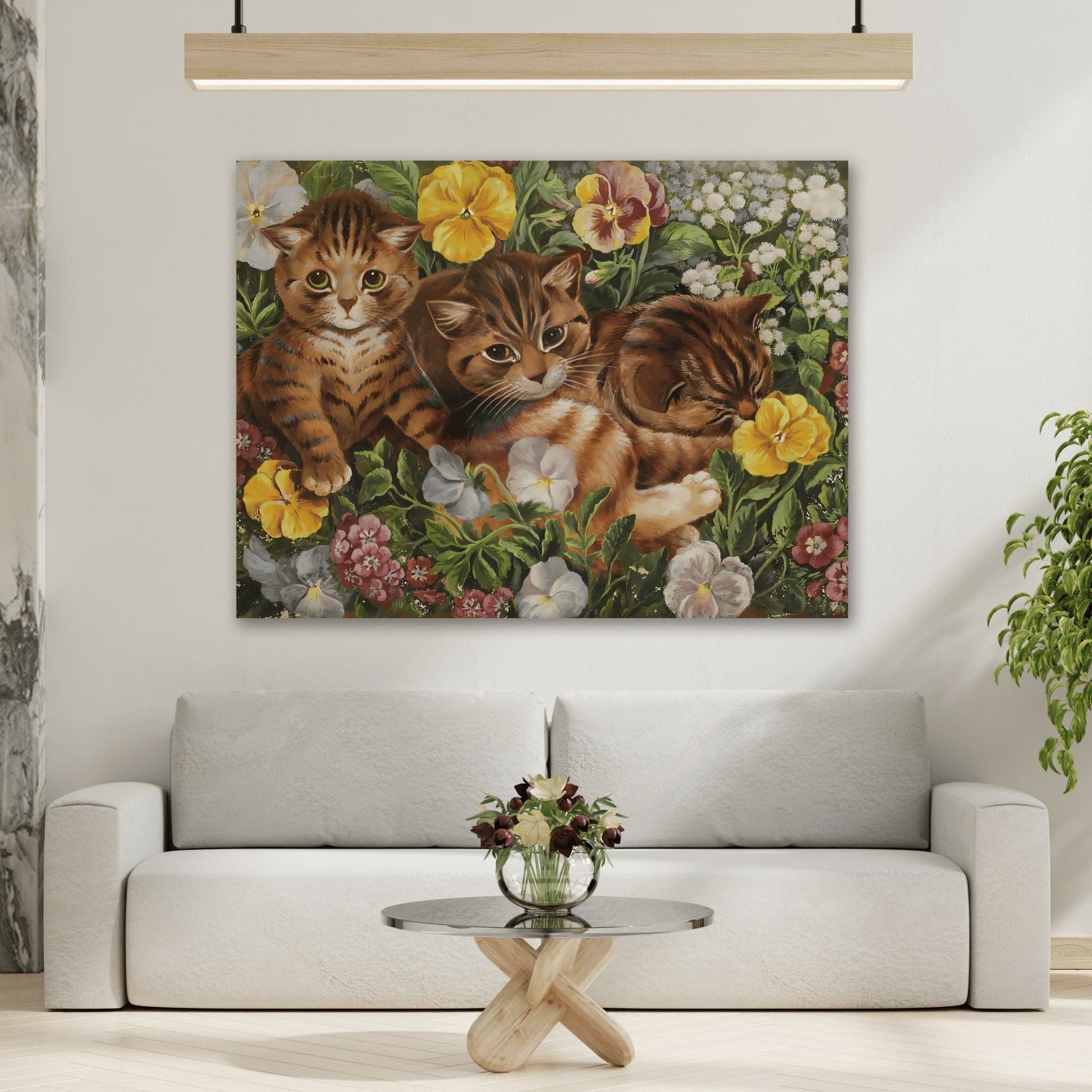 Louis Wain Three Kittens in a Flower Bed - Cats Canvas Wall Art Reproduction