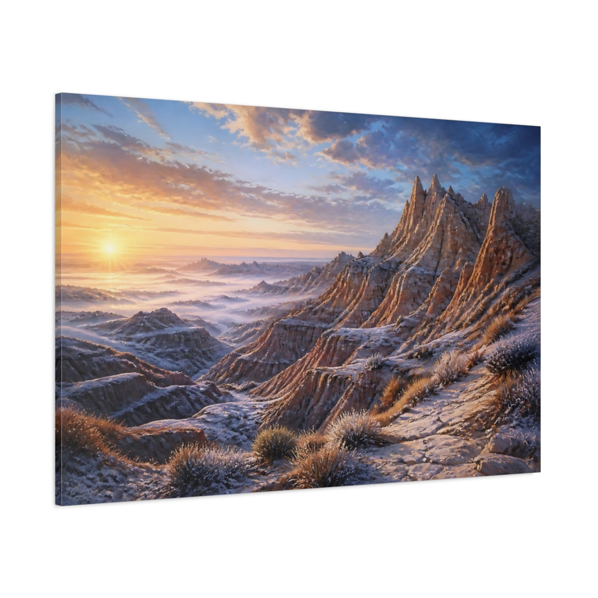 Side Mockup 1. Luminous Badlands Sunrise shown as canvas print