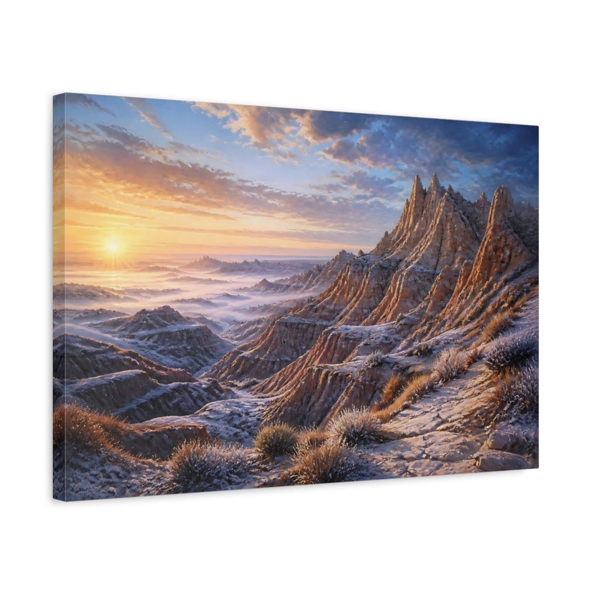 Side Mockup 3. Luminous Badlands Sunrise shown as canvas print