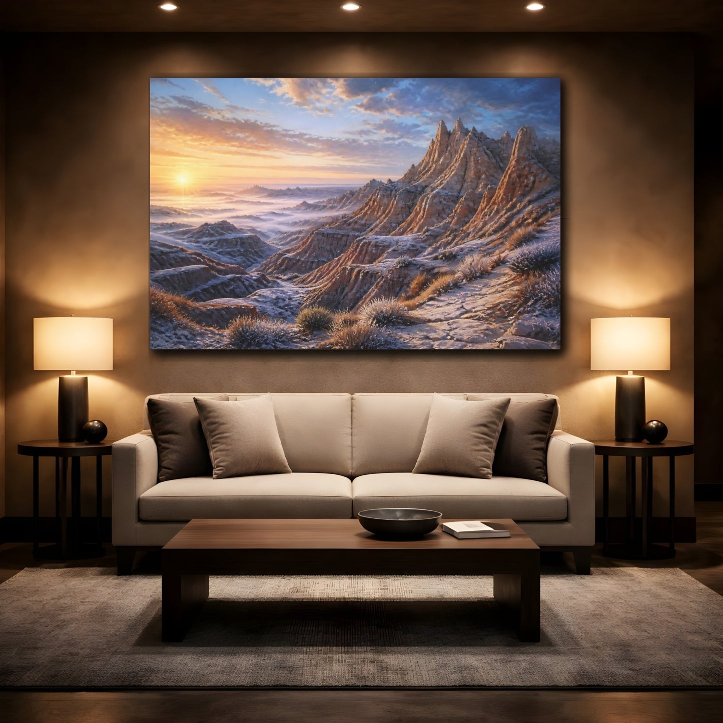 Mockup 2. Luminous Badlands Sunrise shown as canvas print
