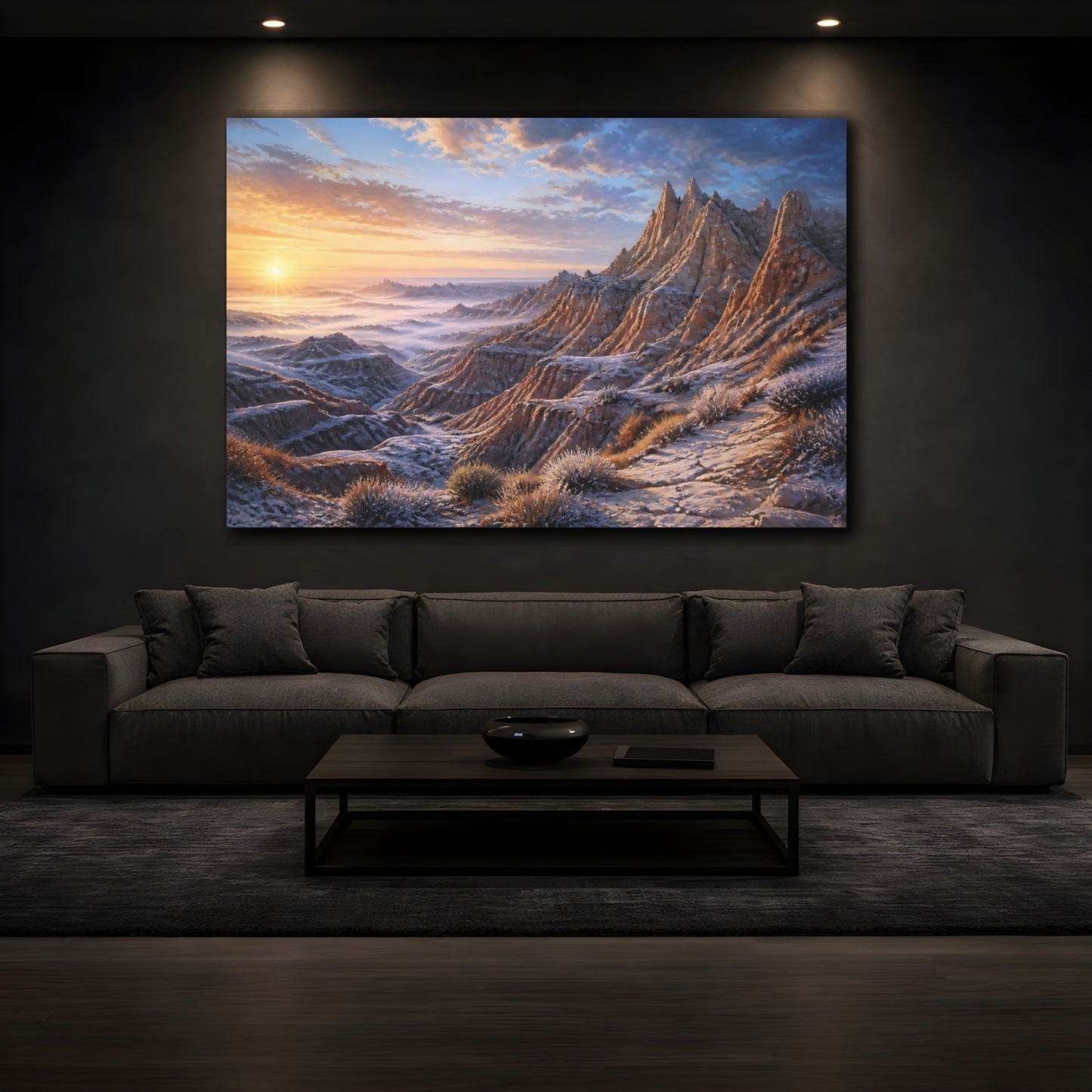 Mockup 3. Luminous Badlands Sunrise shown as canvas print