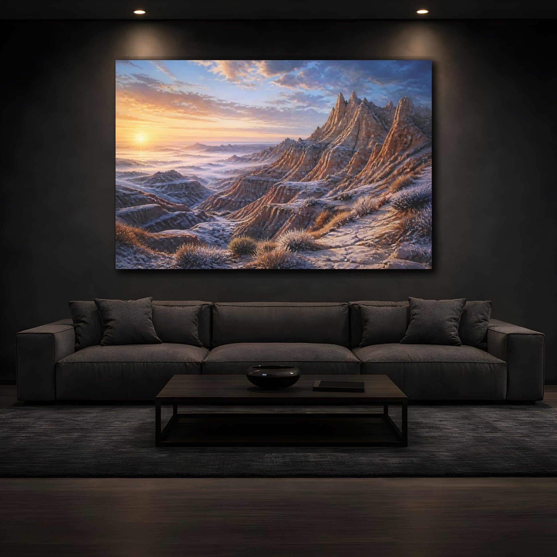 Mockup 3. Luminous Badlands Sunrise shown as canvas print