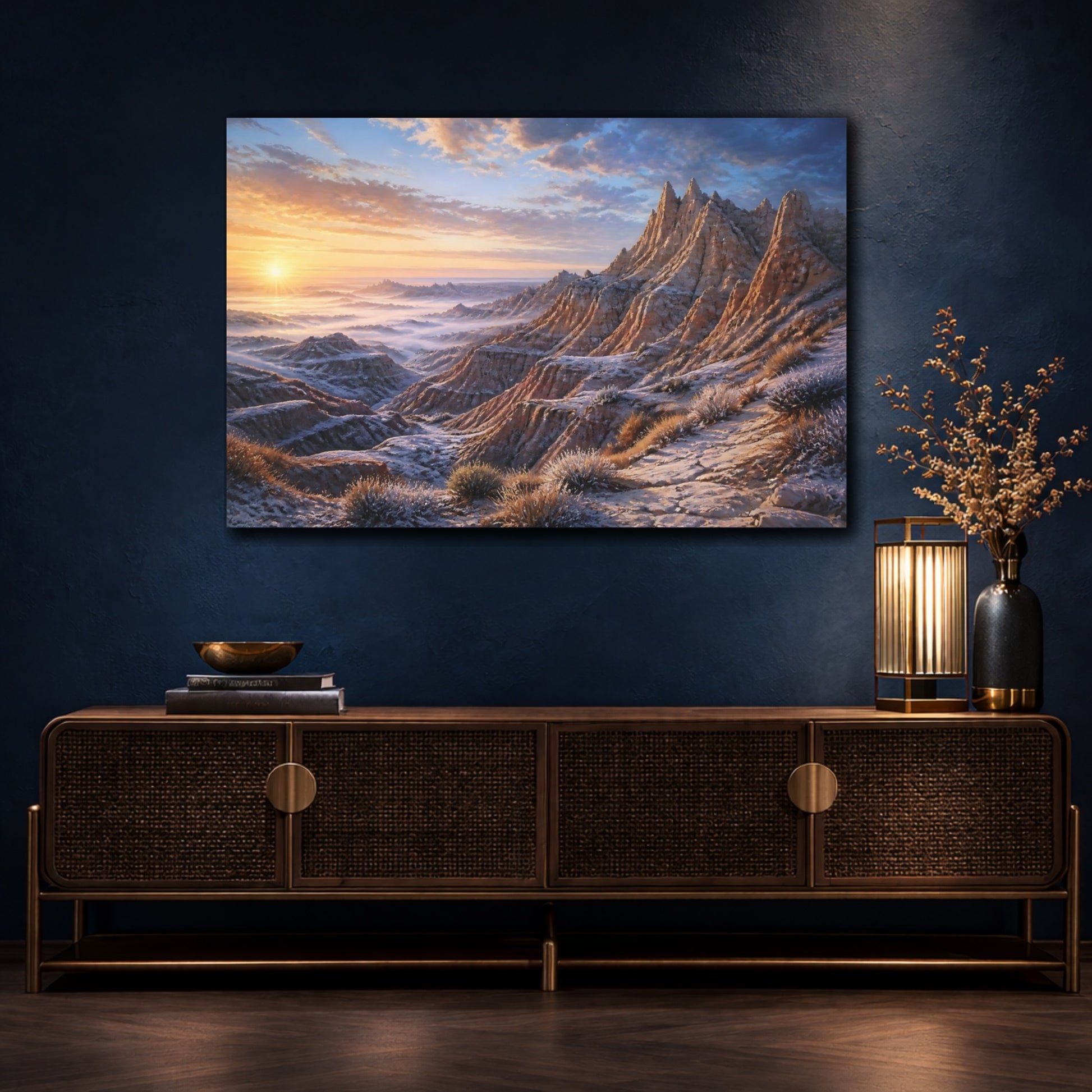 Mockup 4. Luminous Badlands Sunrise shown as canvas print