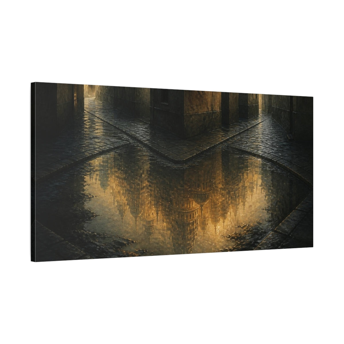 Main Mockup. Luminous City Reflection shown as canvas print