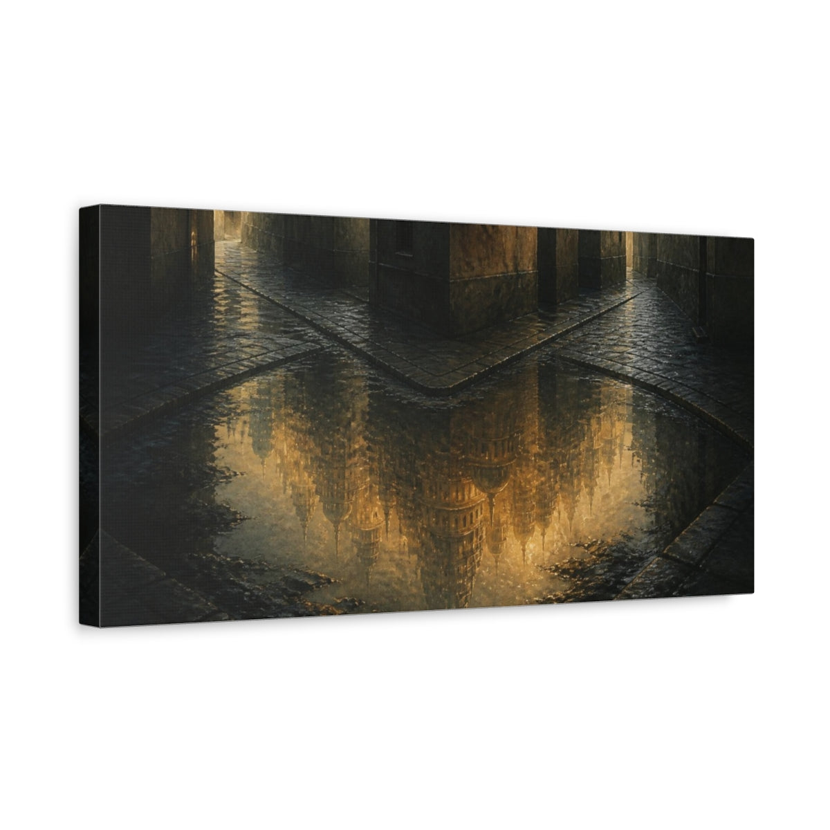 Side Mockup 3. Luminous City Reflection shown as canvas print