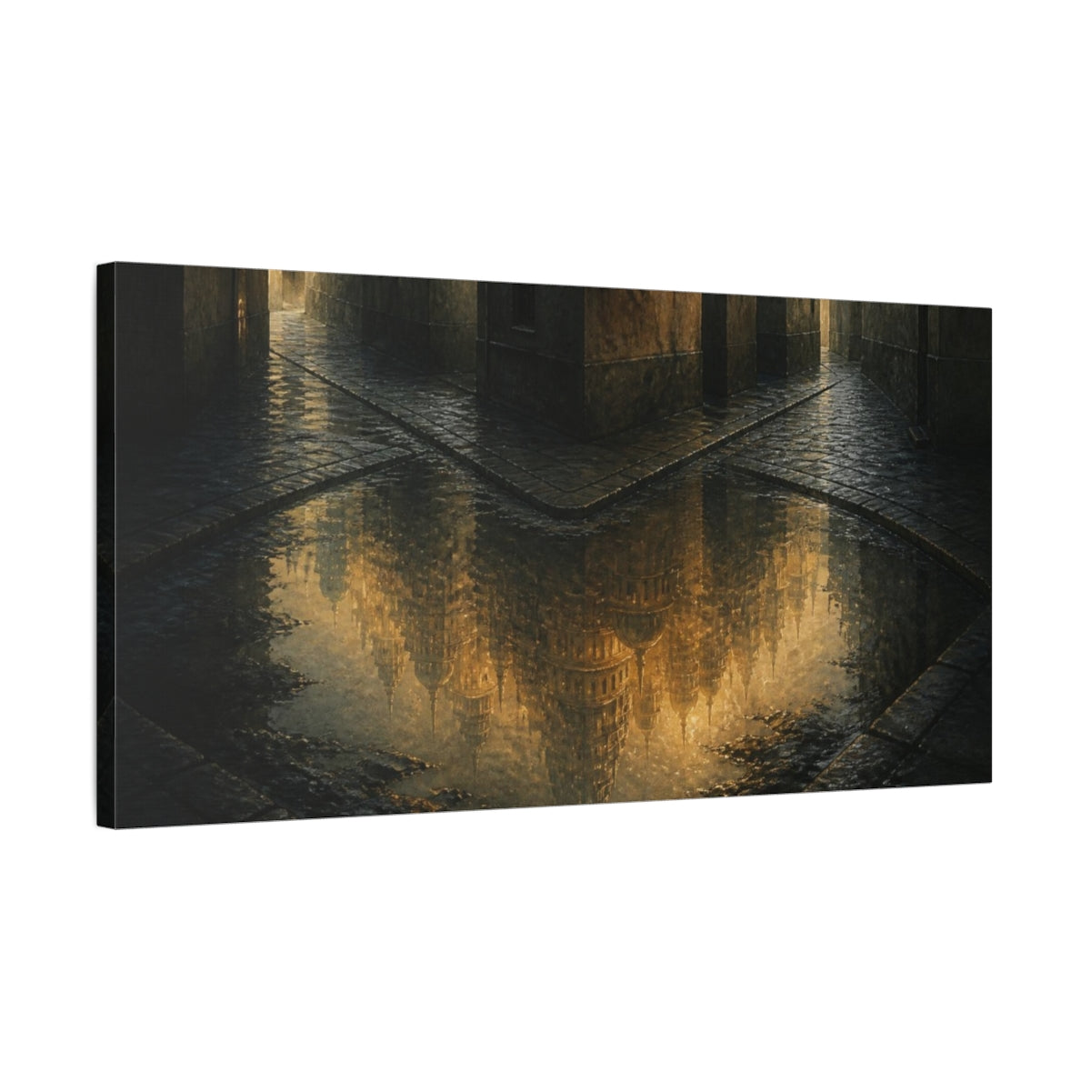 Side Mockup 1. Luminous City Reflection shown as canvas print