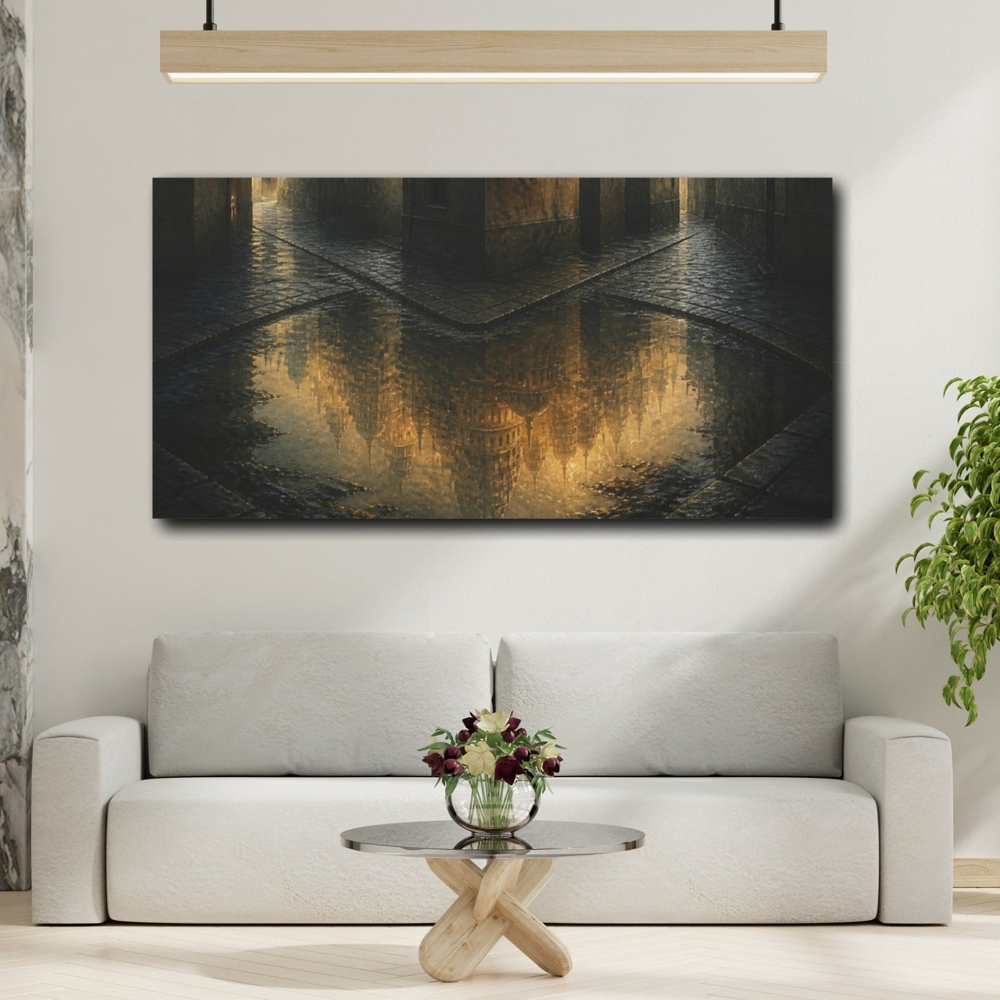 Mockup 2. Luminous City Reflection shown as canvas print