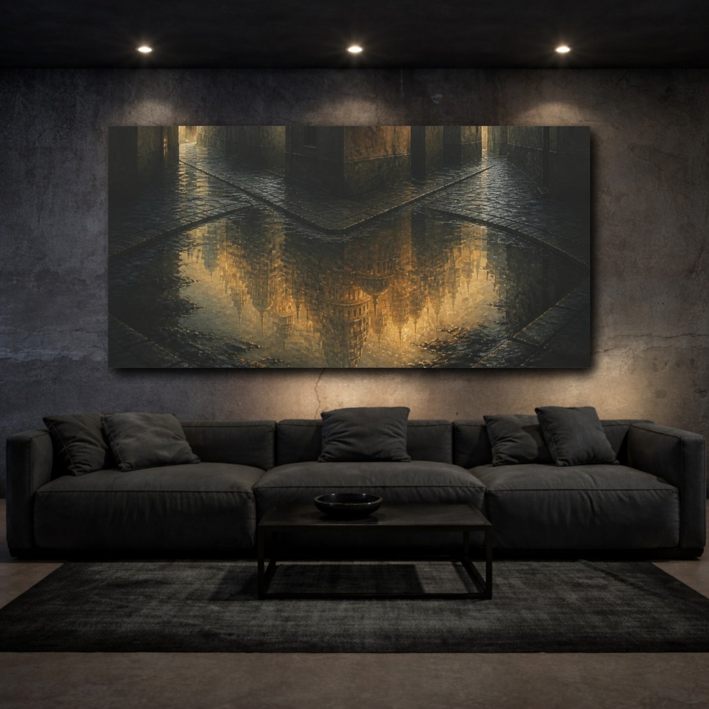 Mockup 3. Luminous City Reflection shown as canvas print