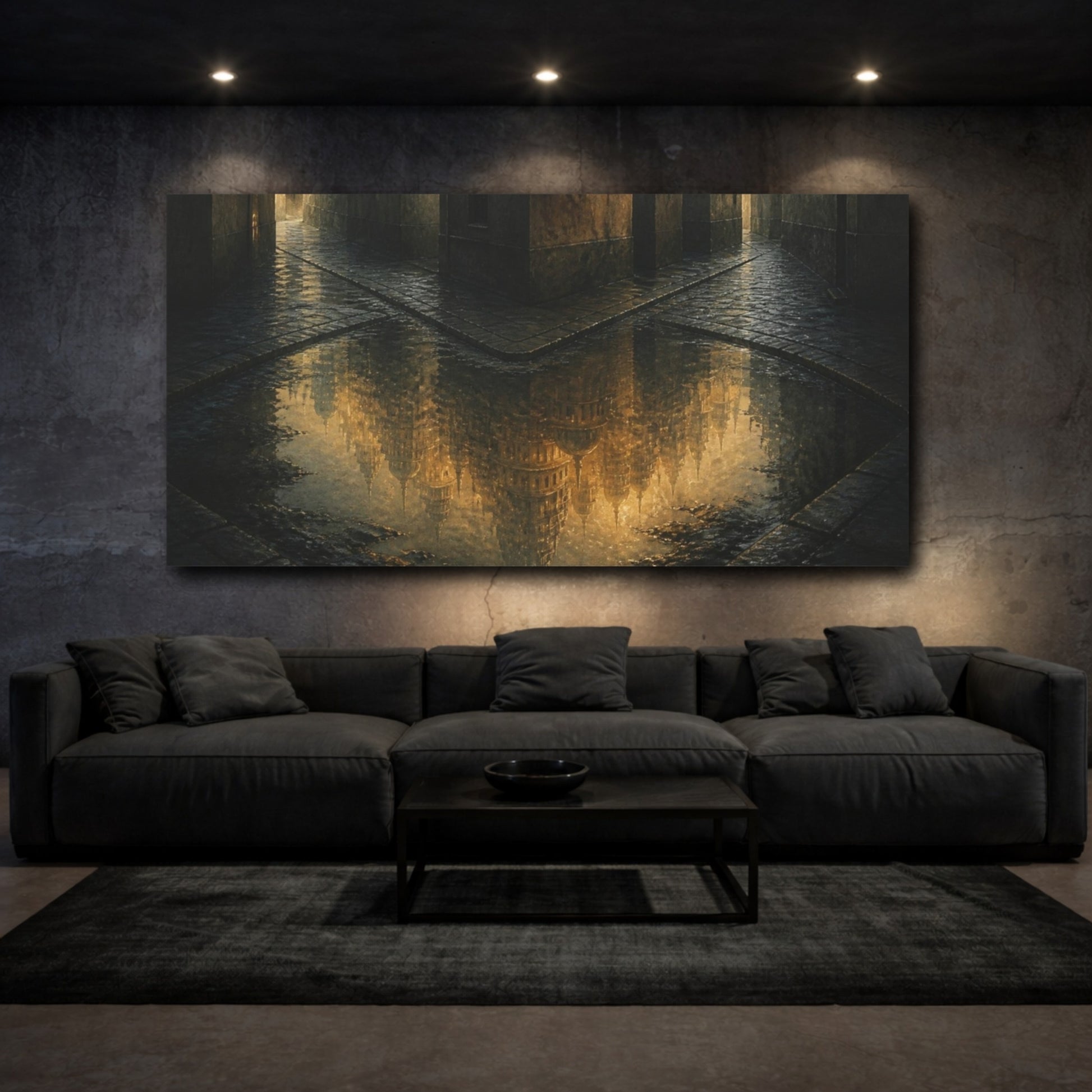 Mockup 3. Luminous City Reflection shown as canvas print