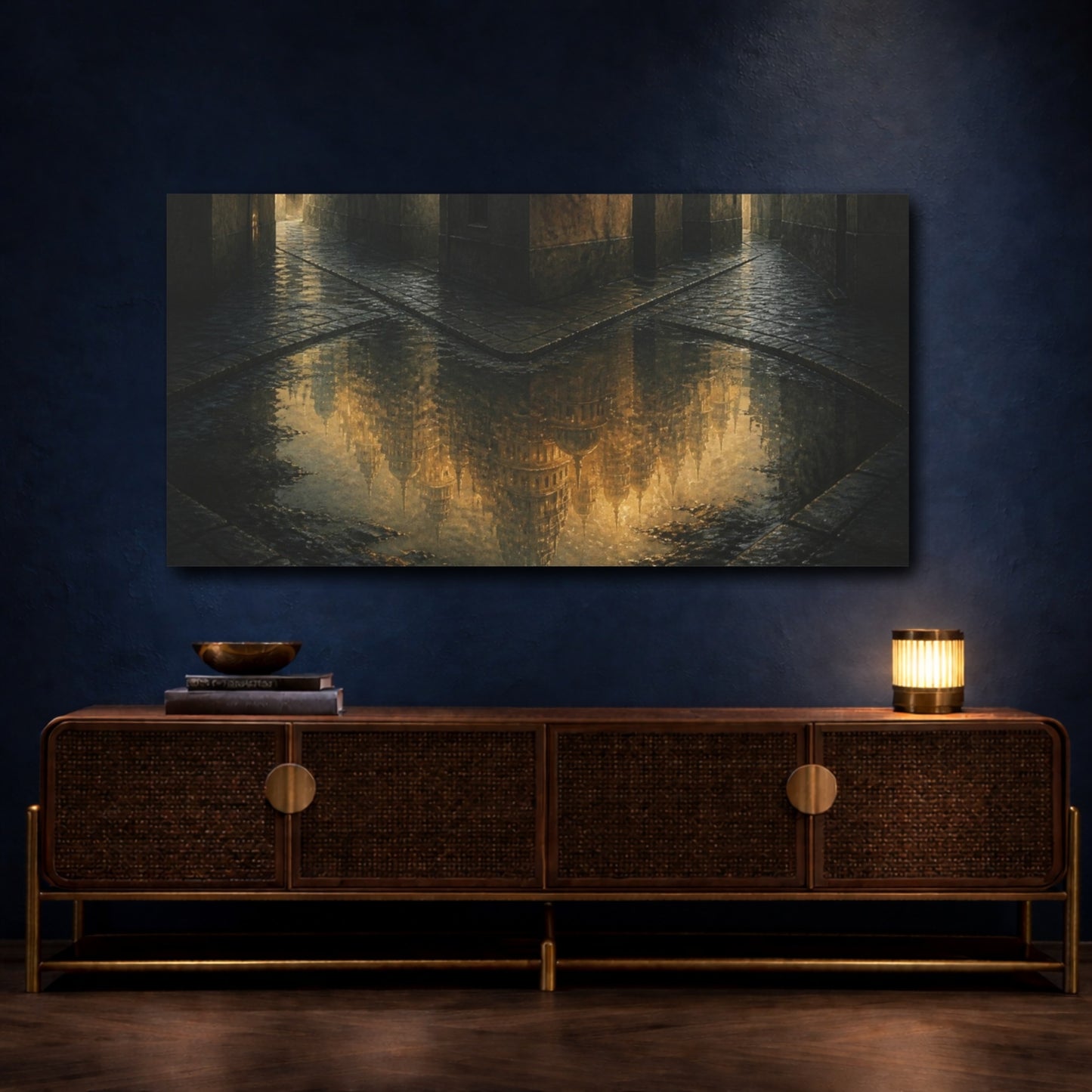 Mockup 4. Luminous City Reflection shown as canvas print