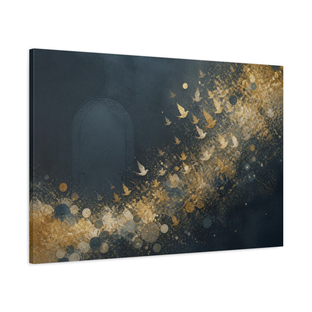Main Mockup. Luminous Doorway With Gold Birds shown as canvas print