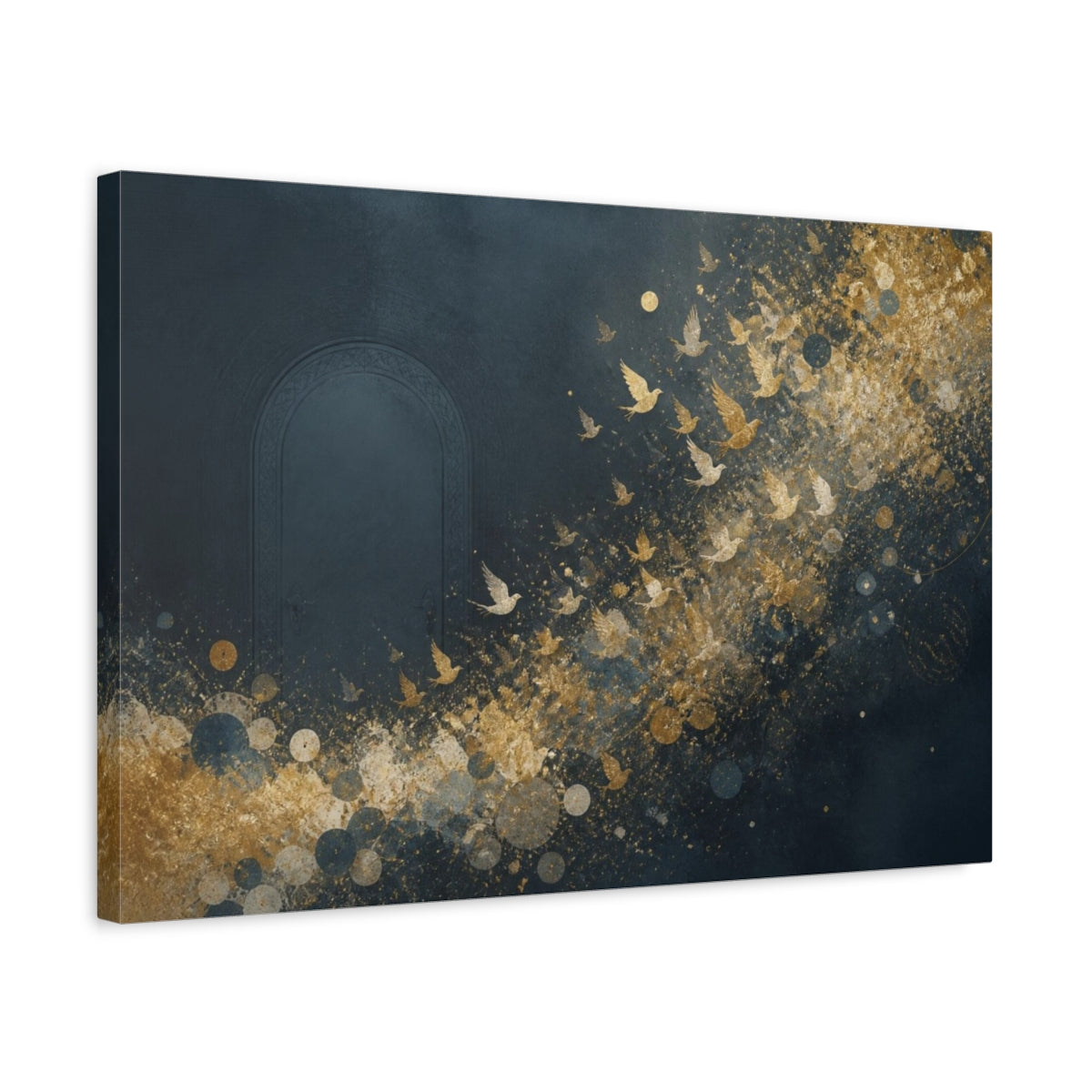 Side Mockup 3. Luminous Doorway With Gold Birds shown as canvas print