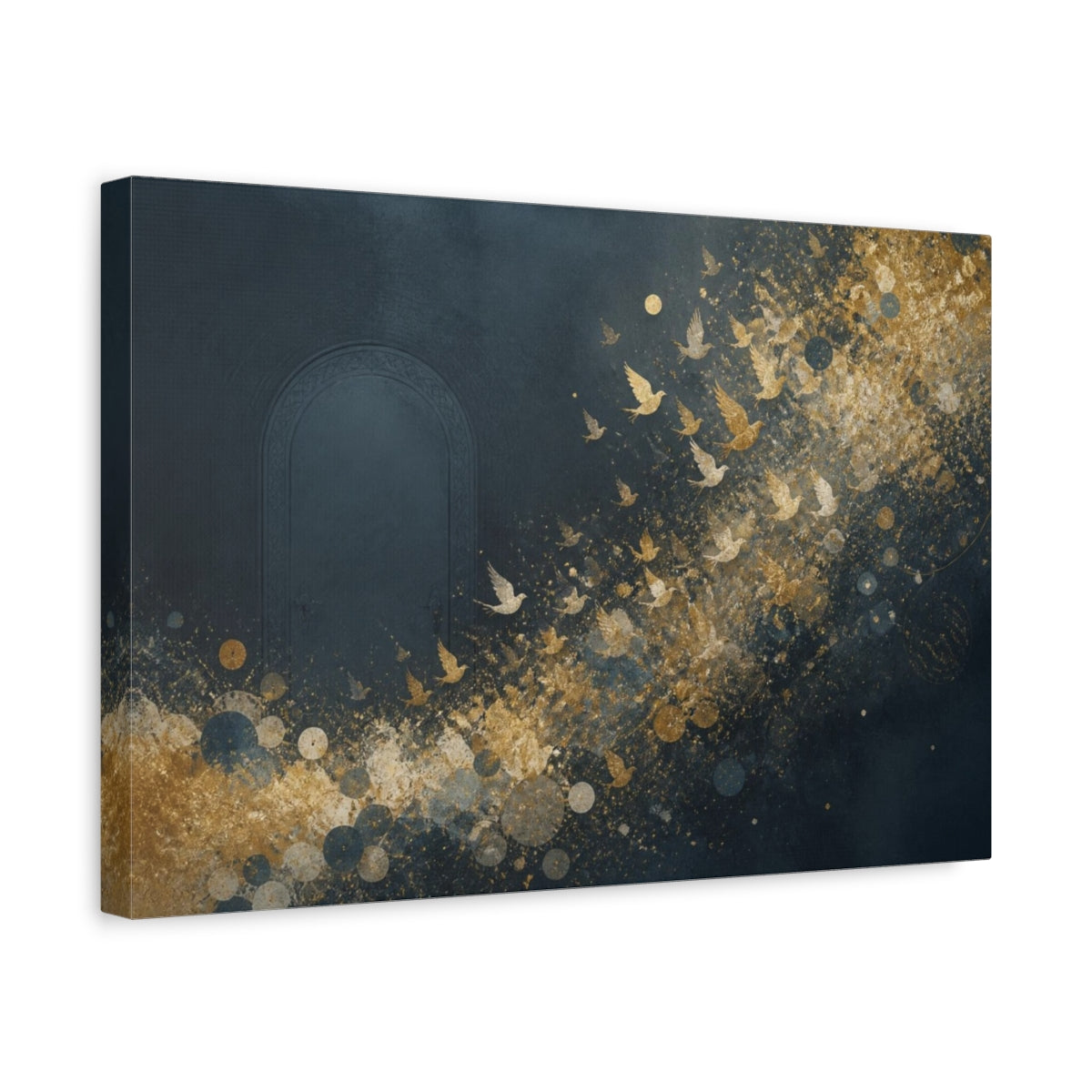 Side Mockup 4. Luminous Doorway With Gold Birds shown as canvas print