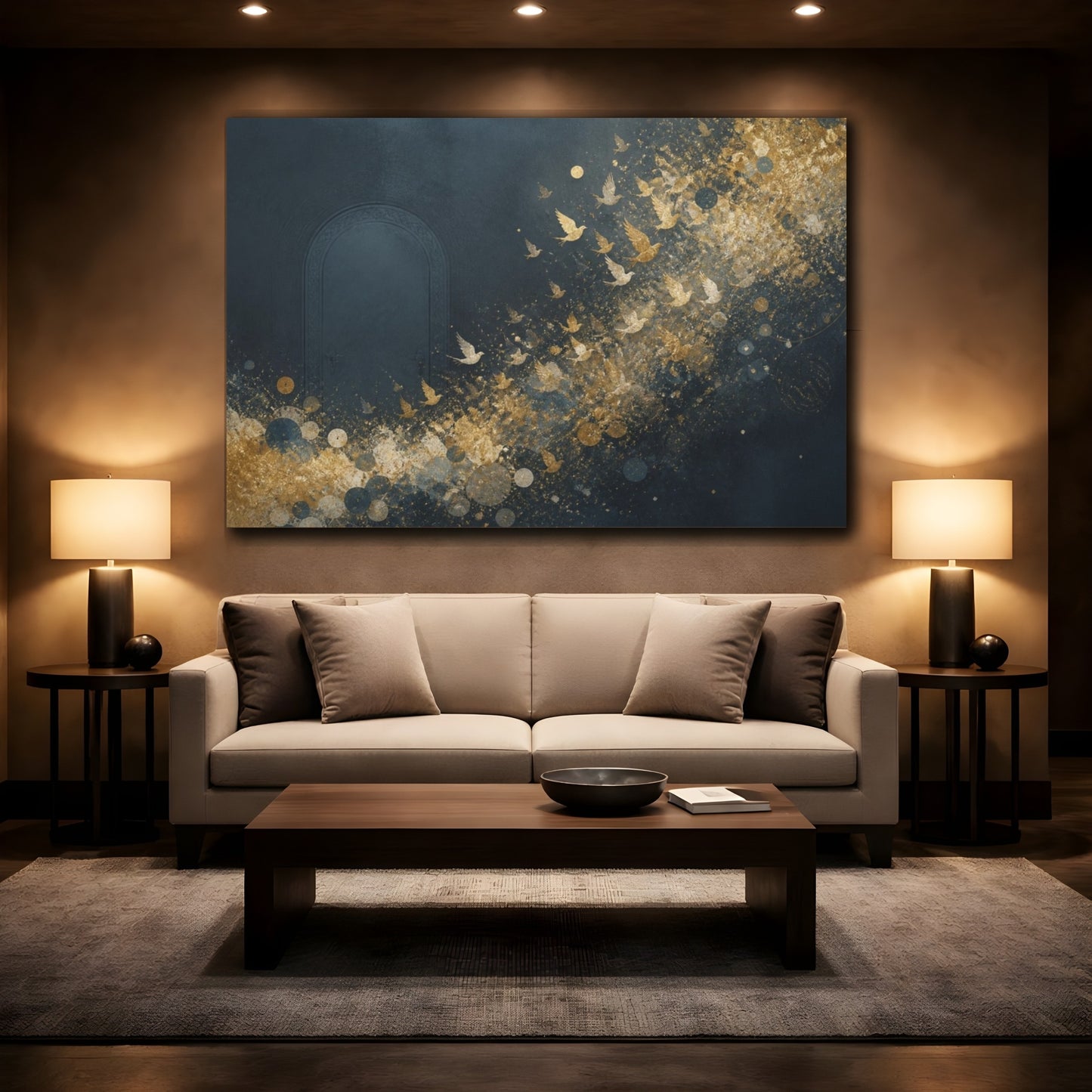 Mockup 2. Luminous Doorway With Gold Birds shown as canvas print