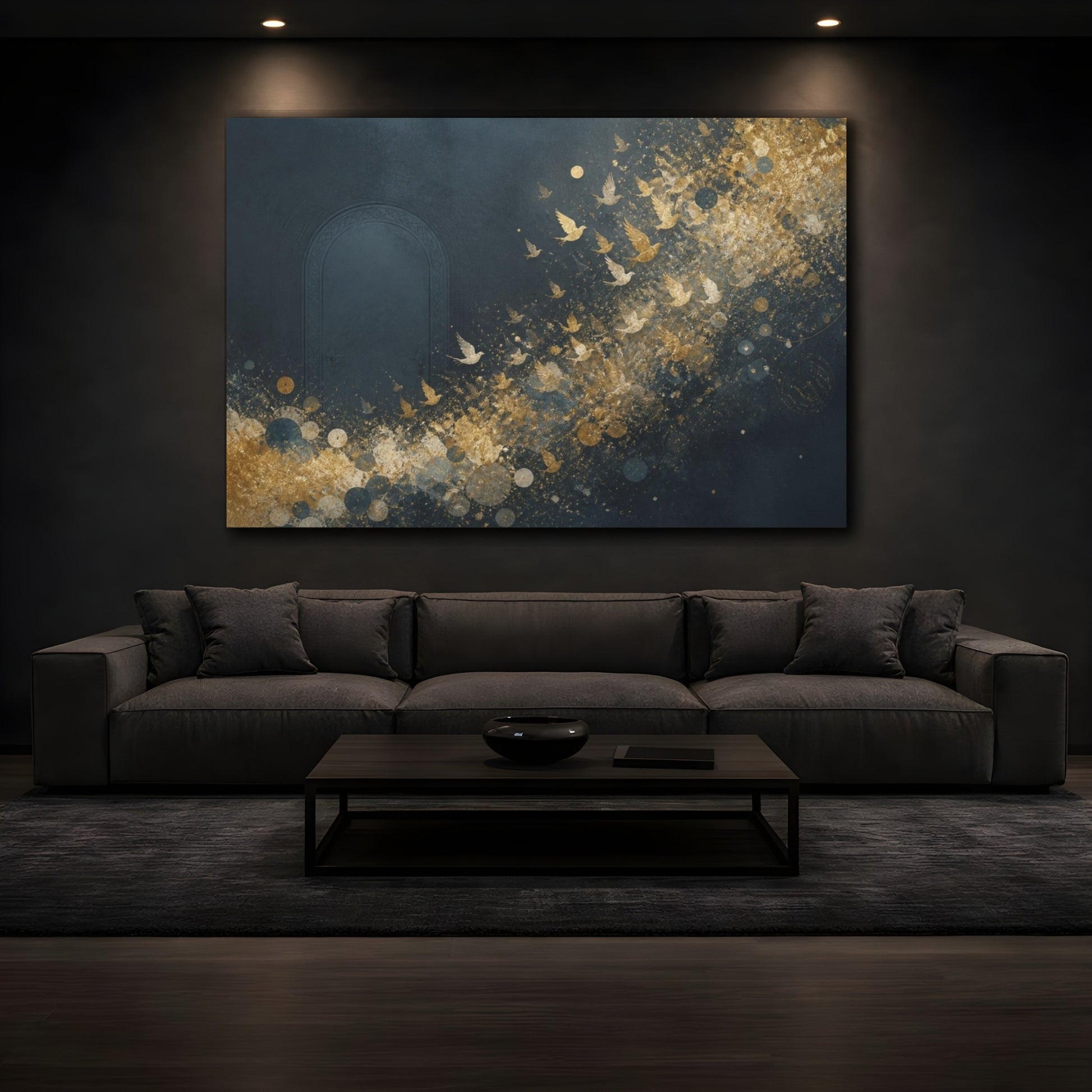 Mockup 3. Luminous Doorway With Gold Birds shown as canvas print