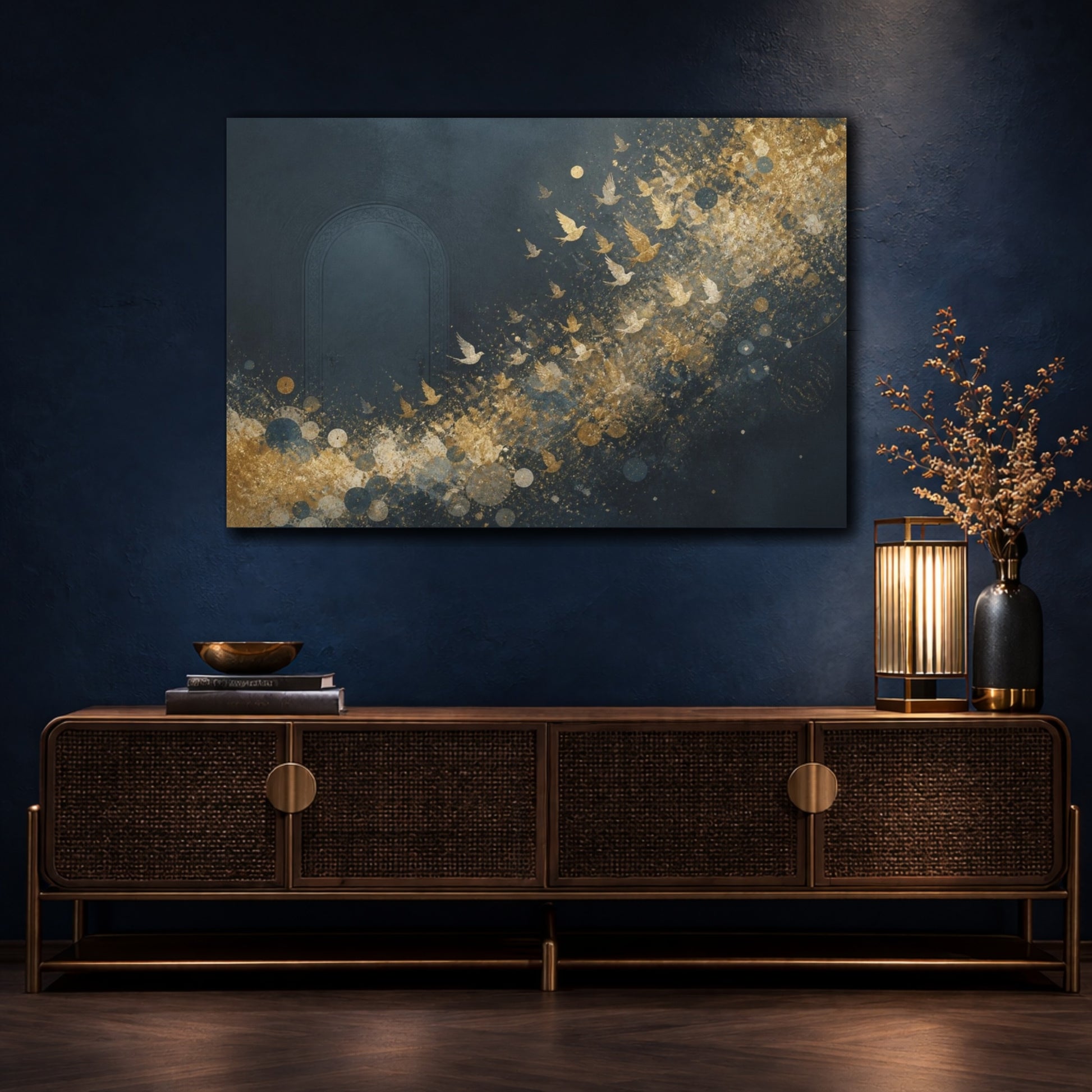 Mockup 4. Luminous Doorway With Gold Birds shown as canvas print
