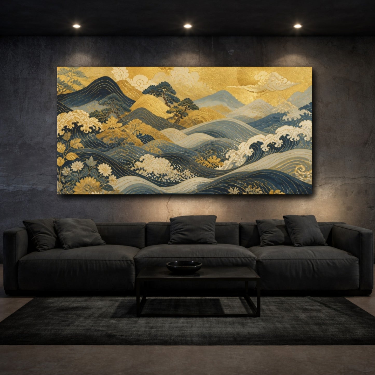 Mockup 3. Luminous Gold Waves shown as canvas print