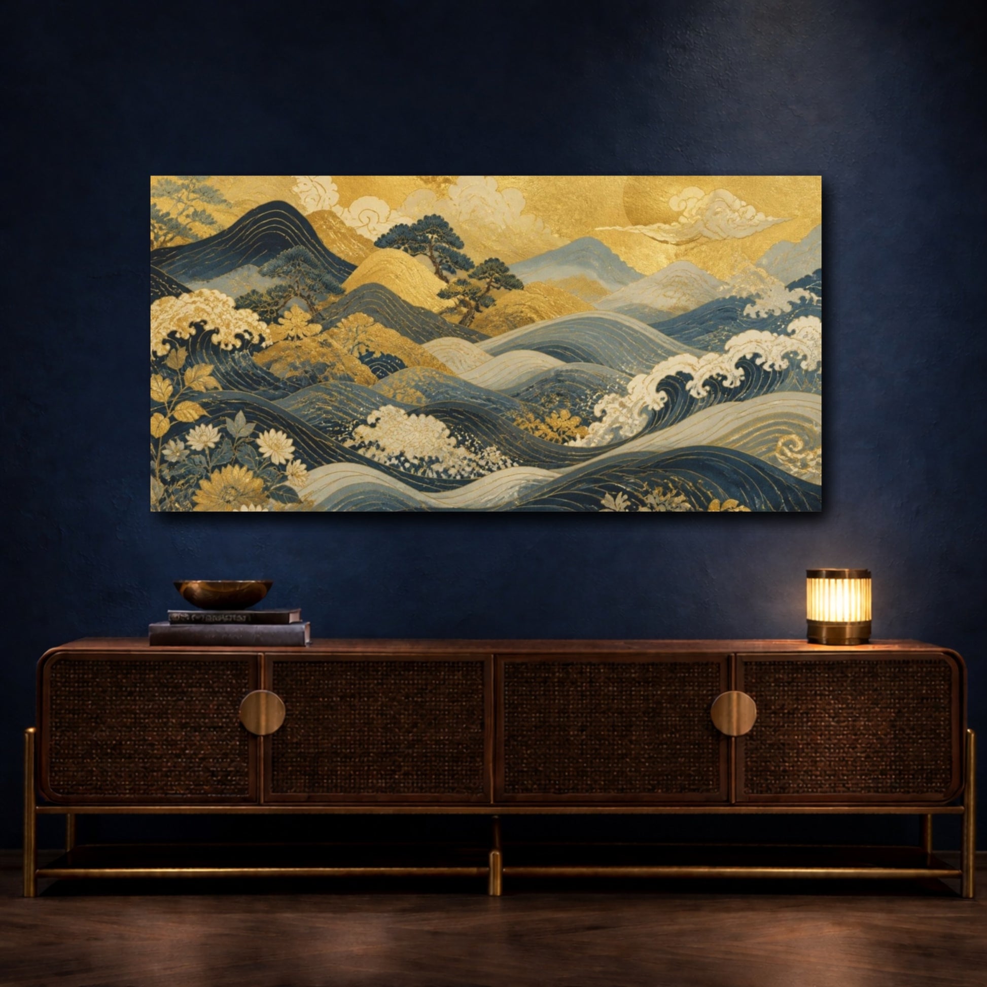 Mockup 4. Luminous Gold Waves shown as canvas print